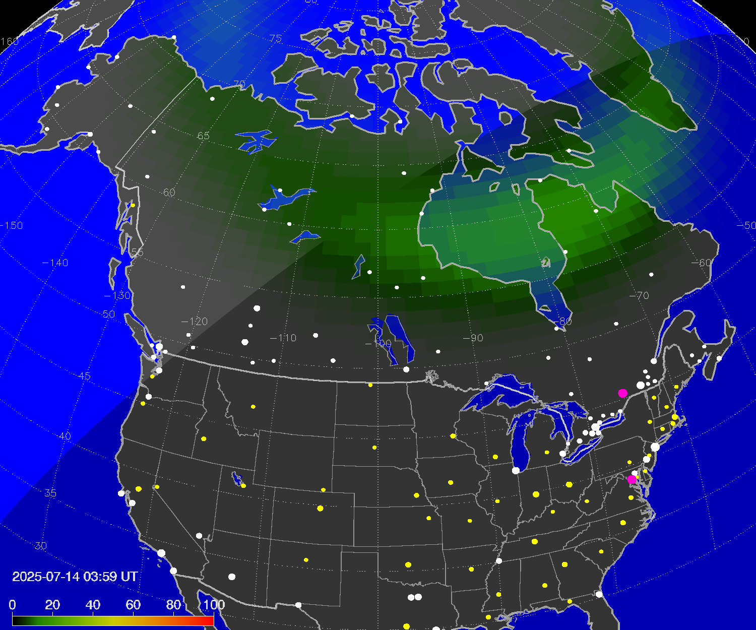 Northern lights (auroras) over North America