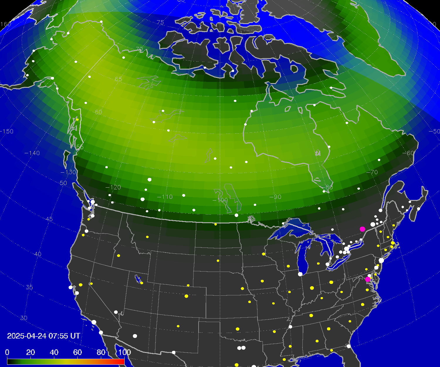 Northern lights (auroras) over North America