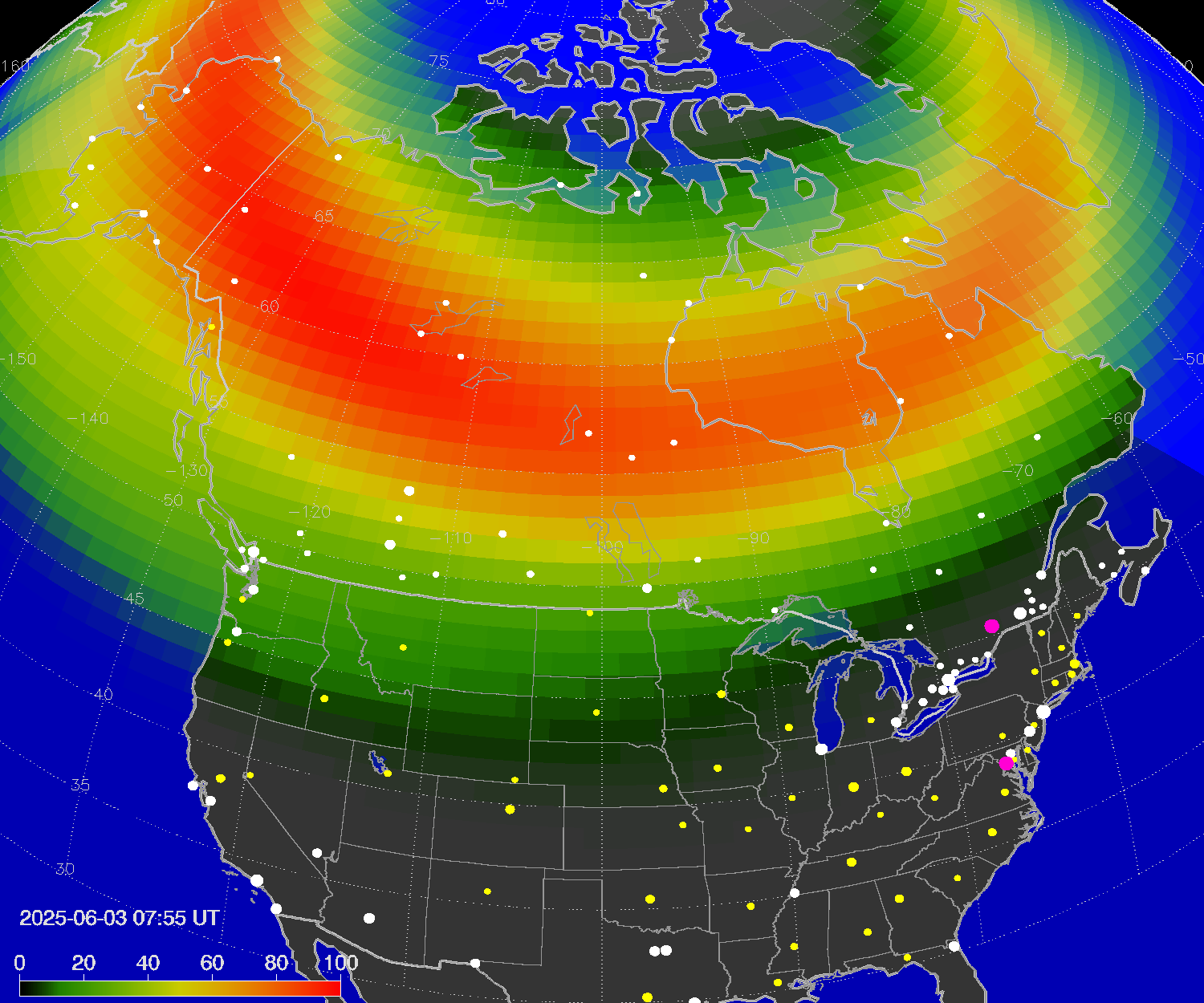 Northern lights (auroras) over North America
