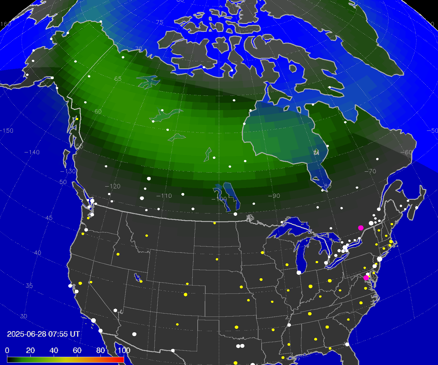 Northern lights (auroras) over North America