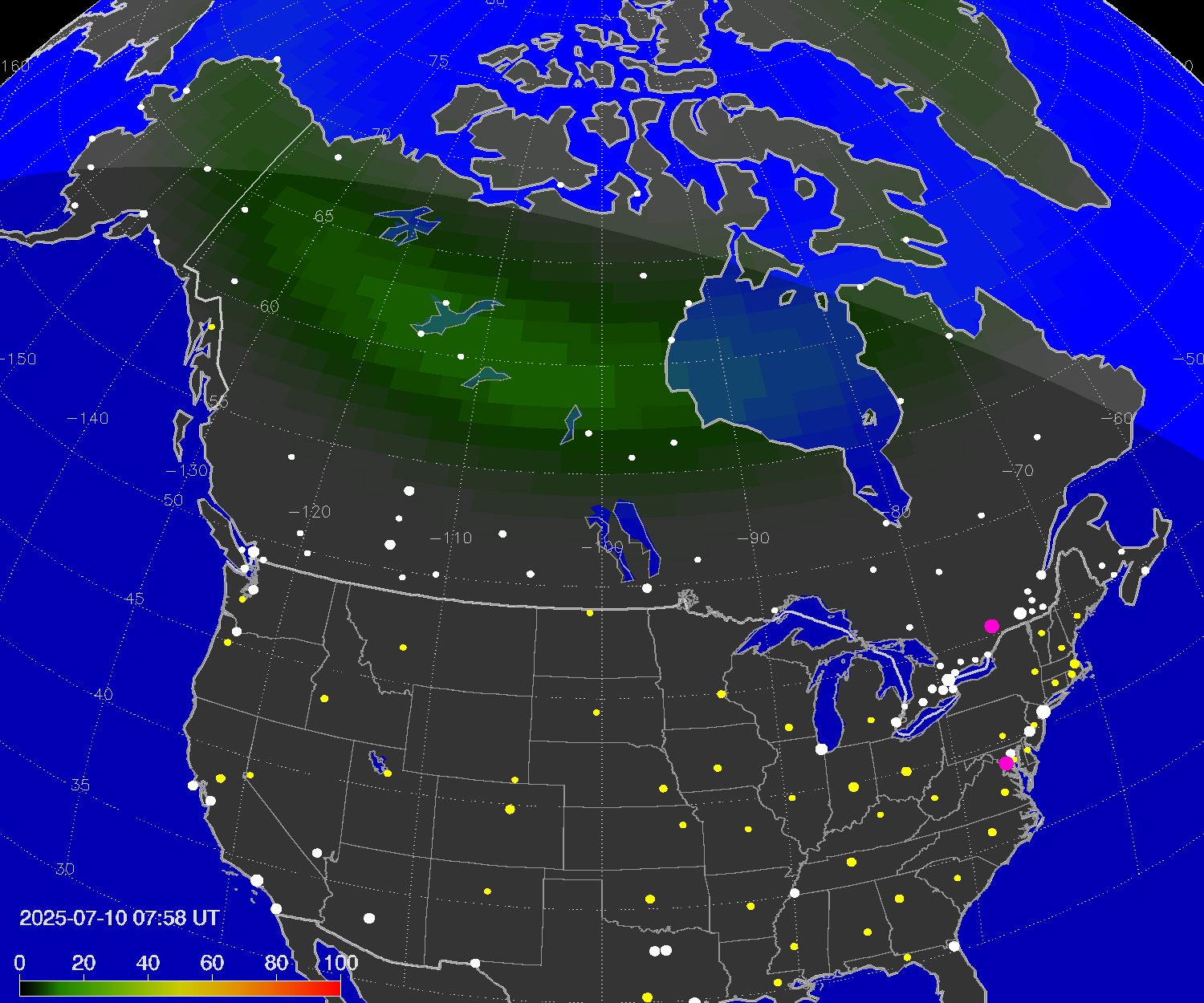 Northern lights (auroras) over North America