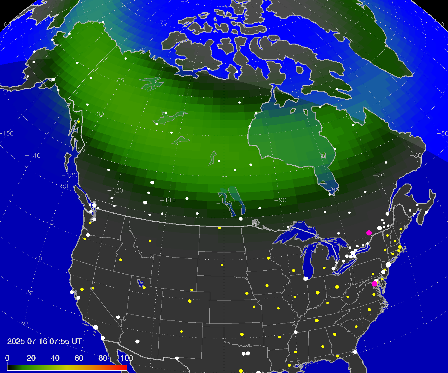 Northern lights (auroras) over North America
