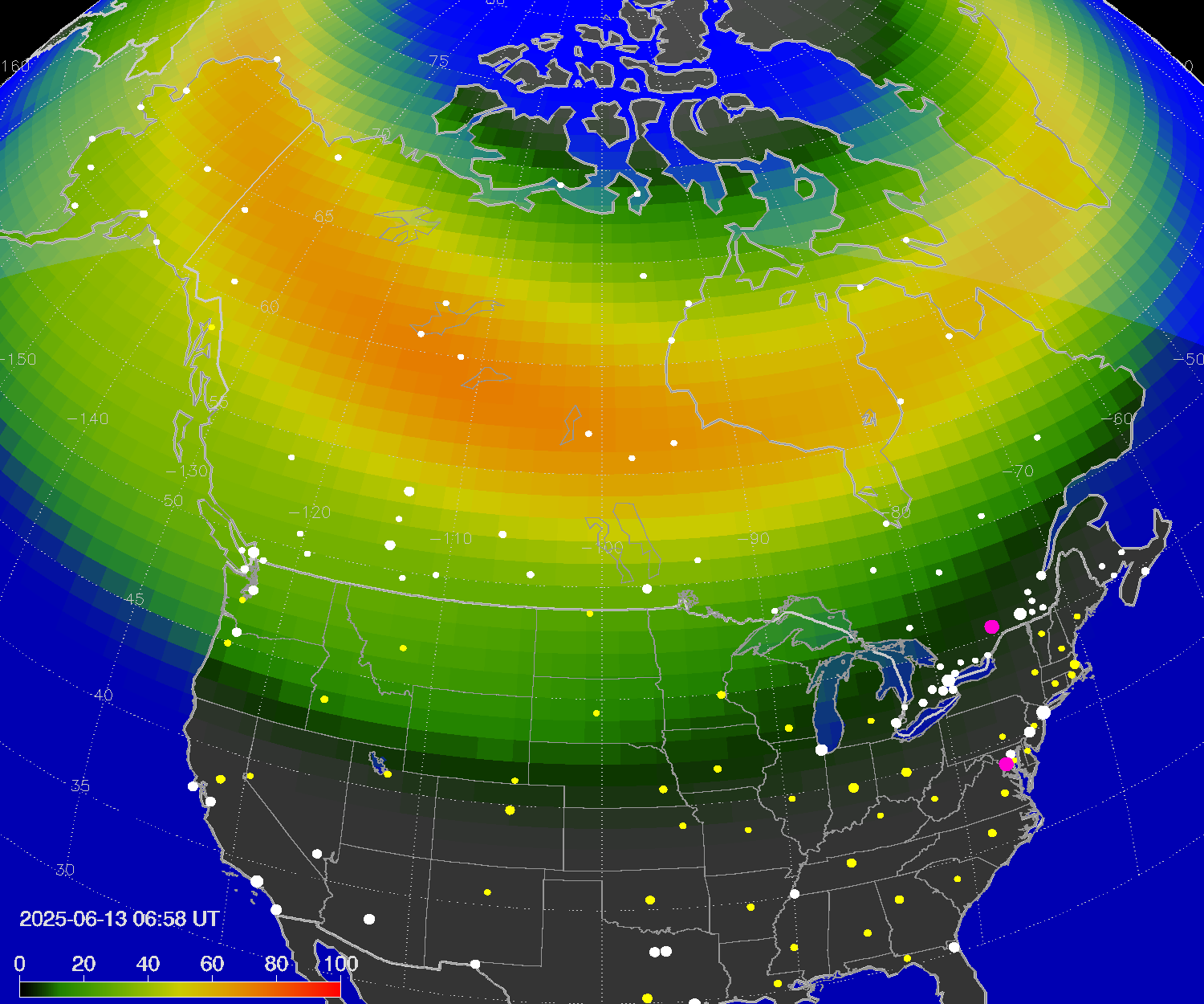 Northern lights (auroras) over North America