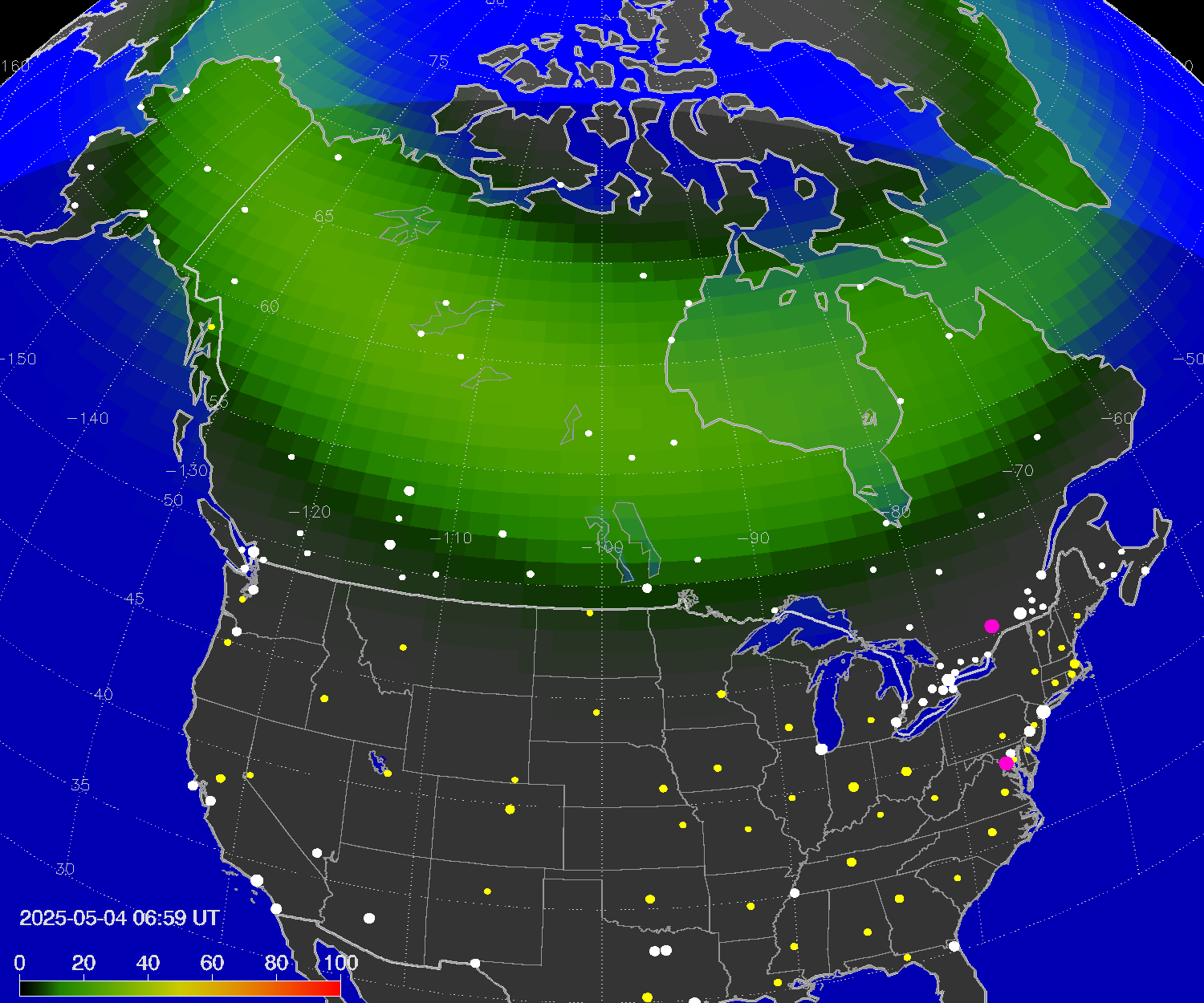 Northern lights (auroras) over North America