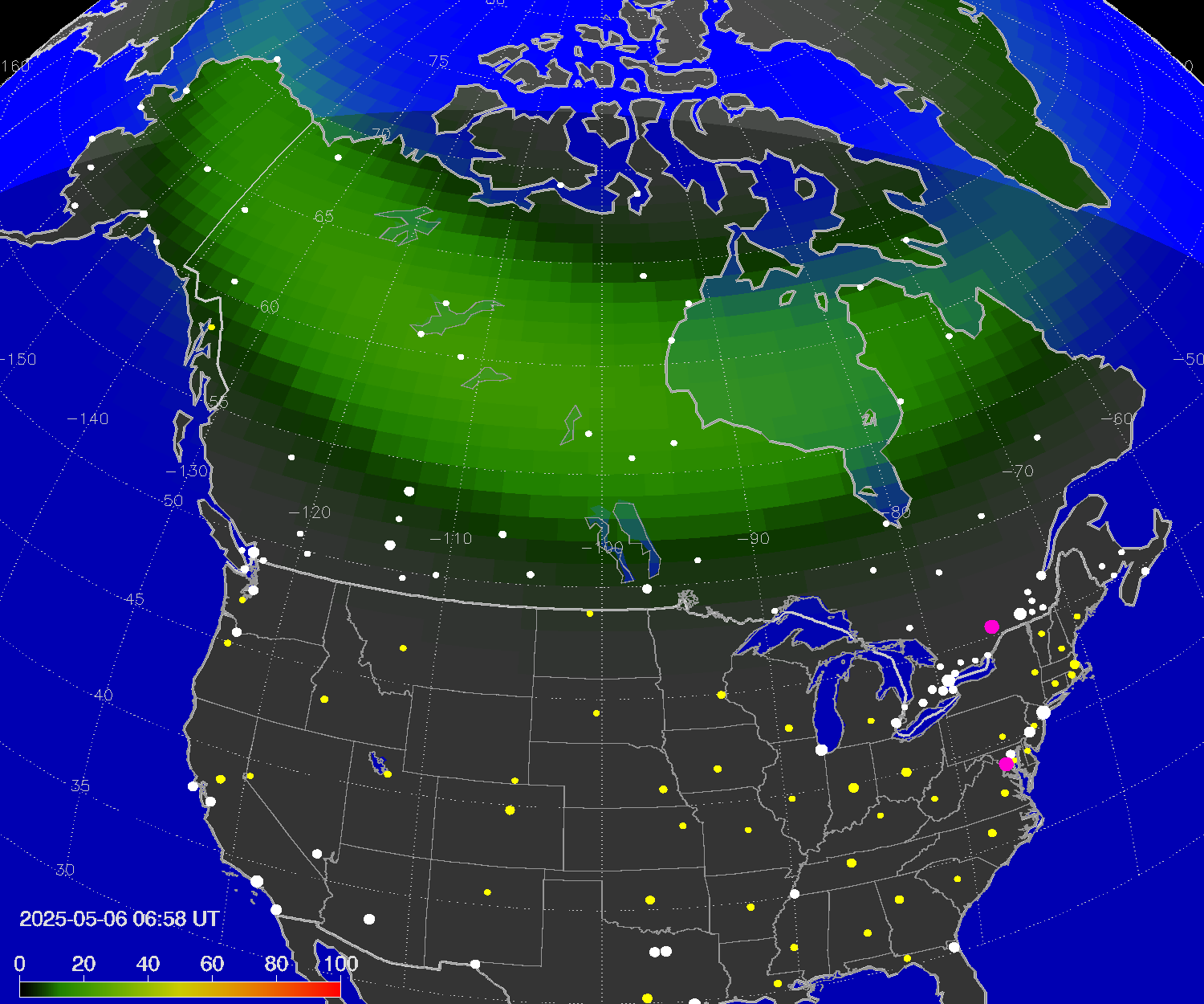 Northern lights (auroras) over North America