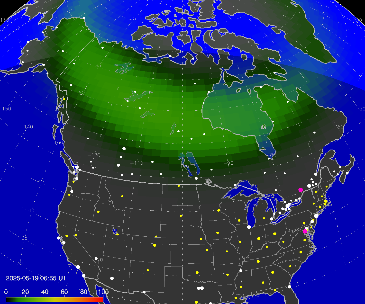 Northern lights (auroras) over North America