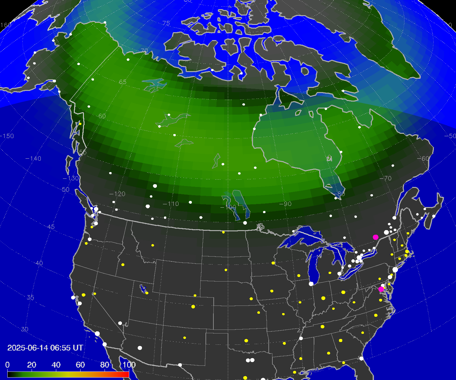 Northern lights (auroras) over North America
