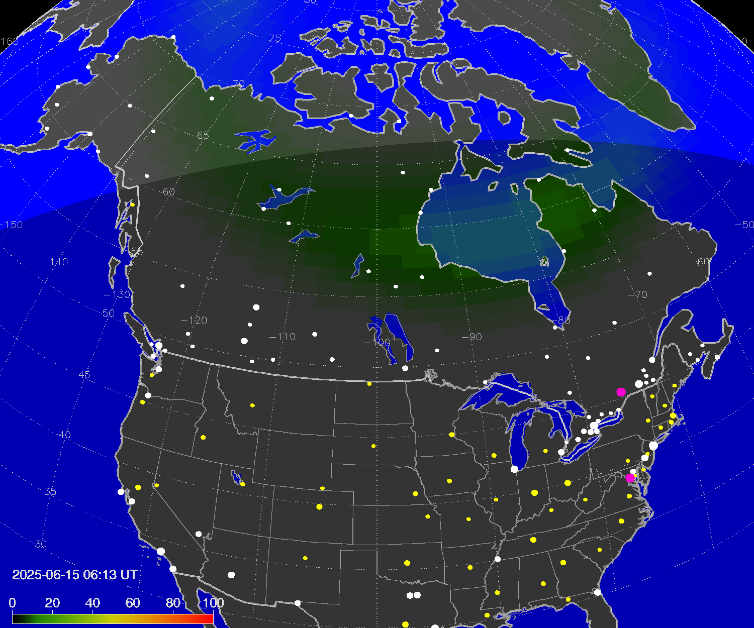 Northern lights (auroras) over North America