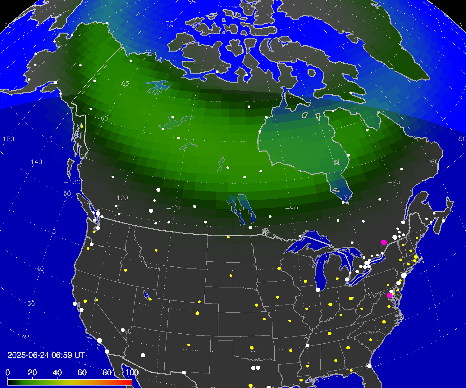 Northern lights (auroras) over North America