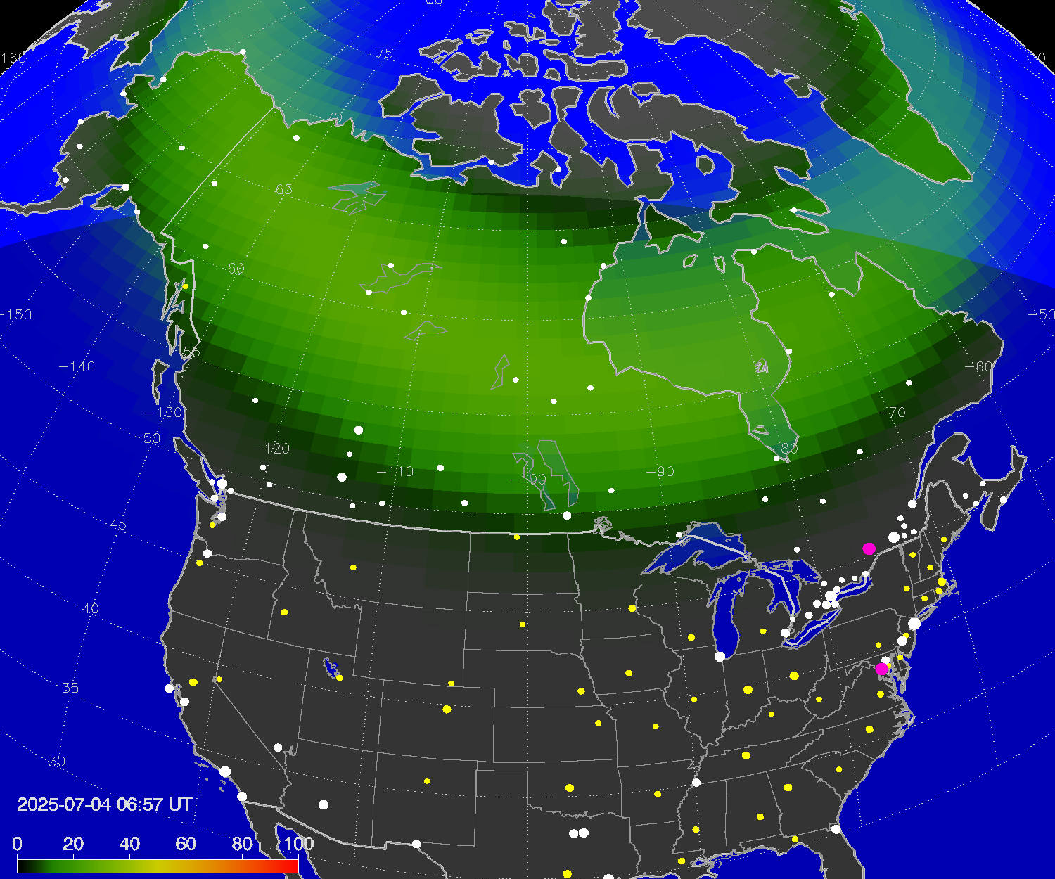 Northern lights (auroras) over North America