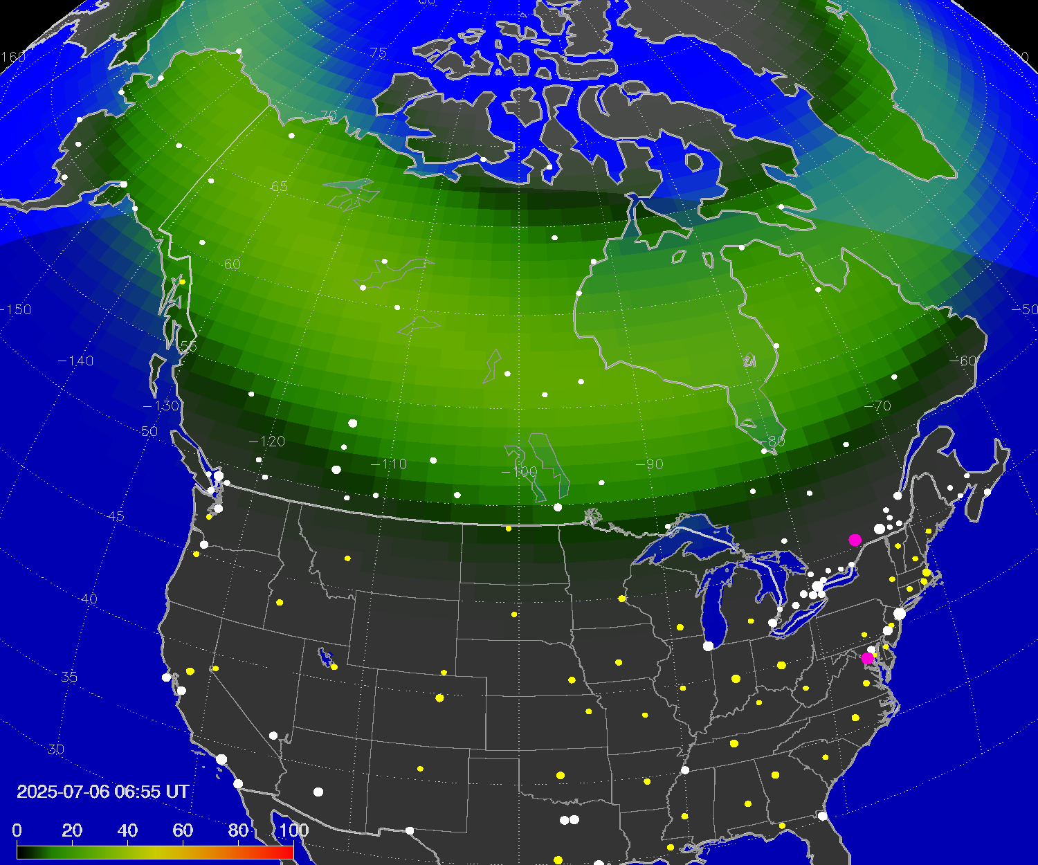 Northern lights (auroras) over North America