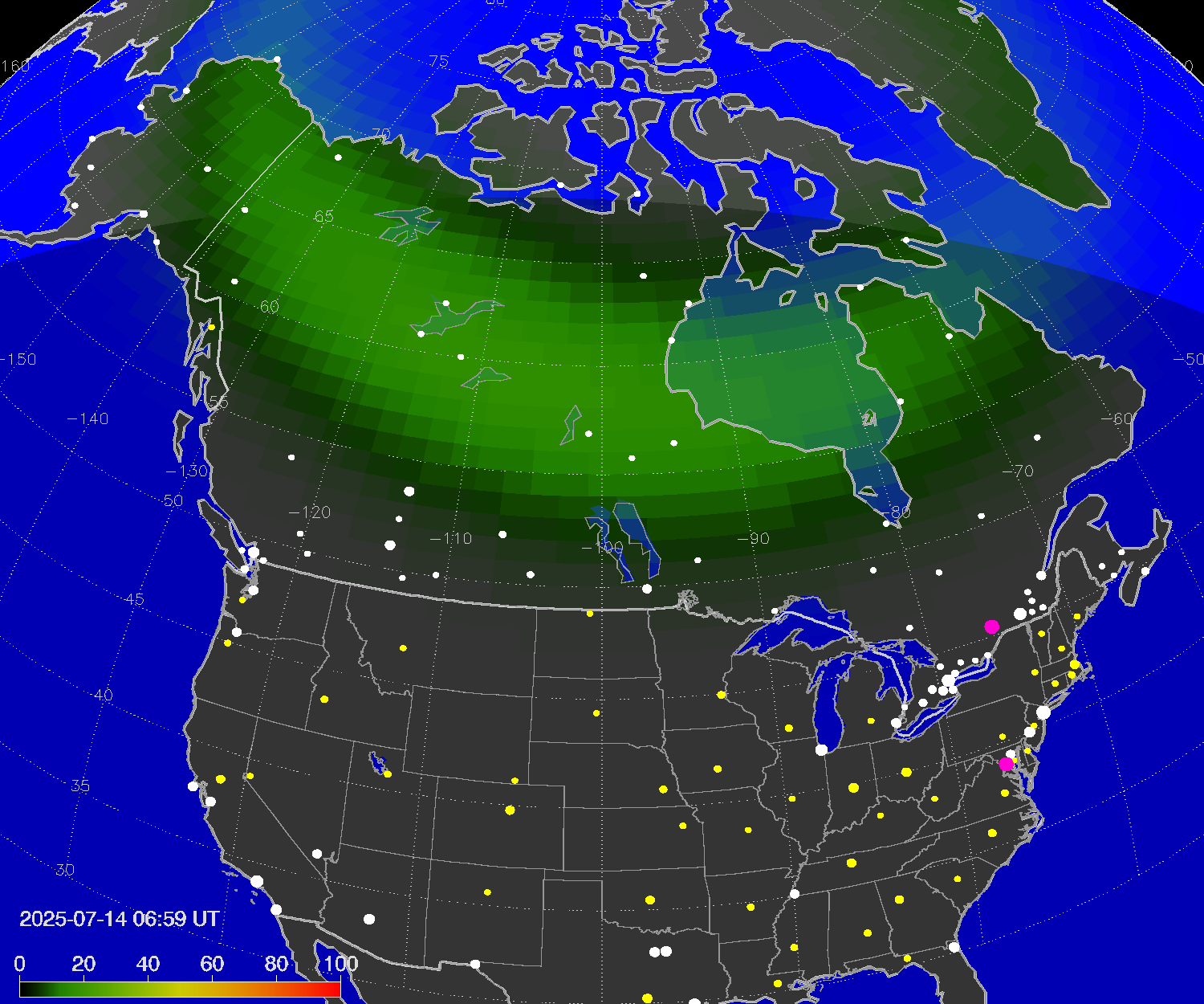 Northern lights (auroras) over North America