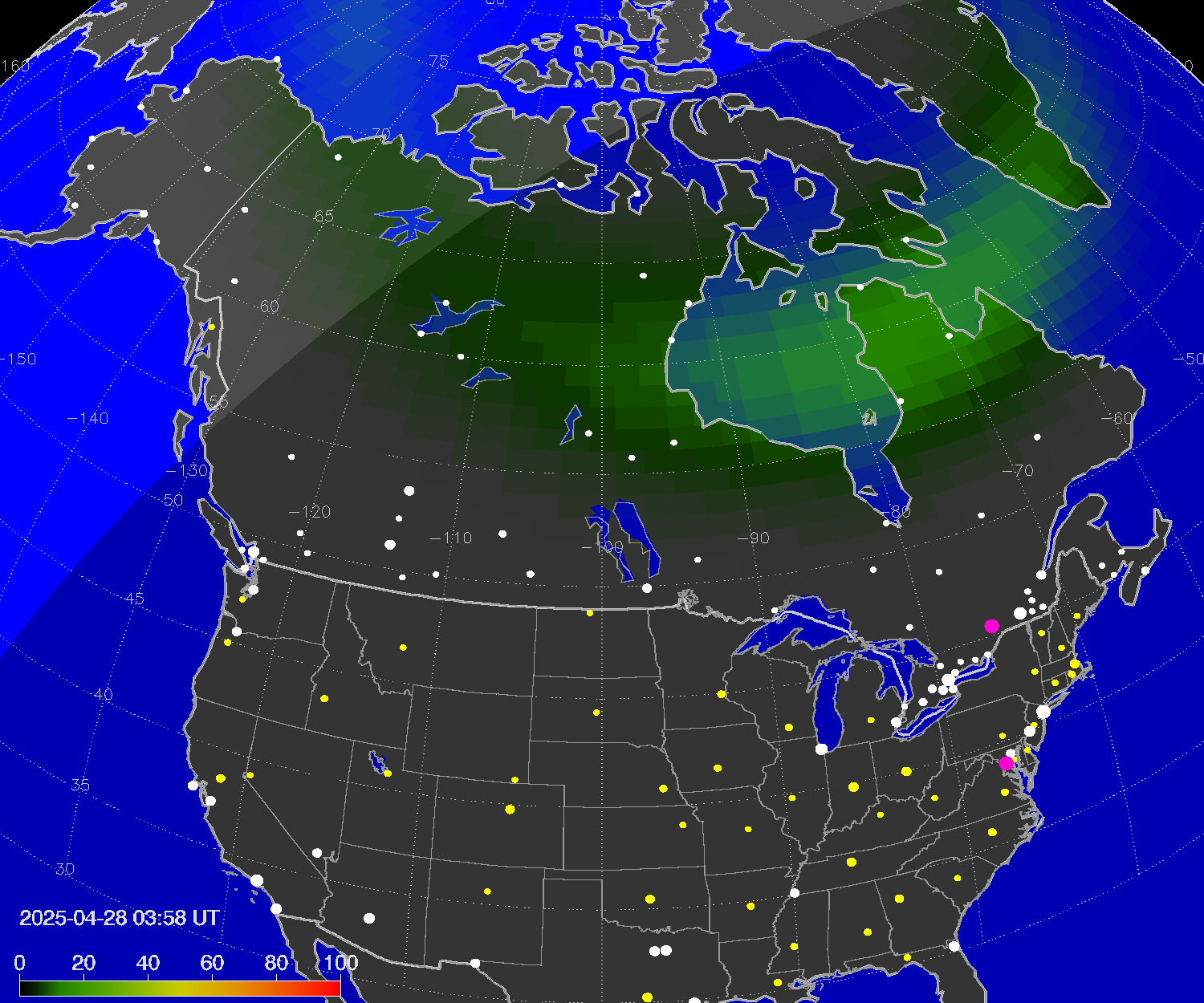 Northern lights (auroras) over North America