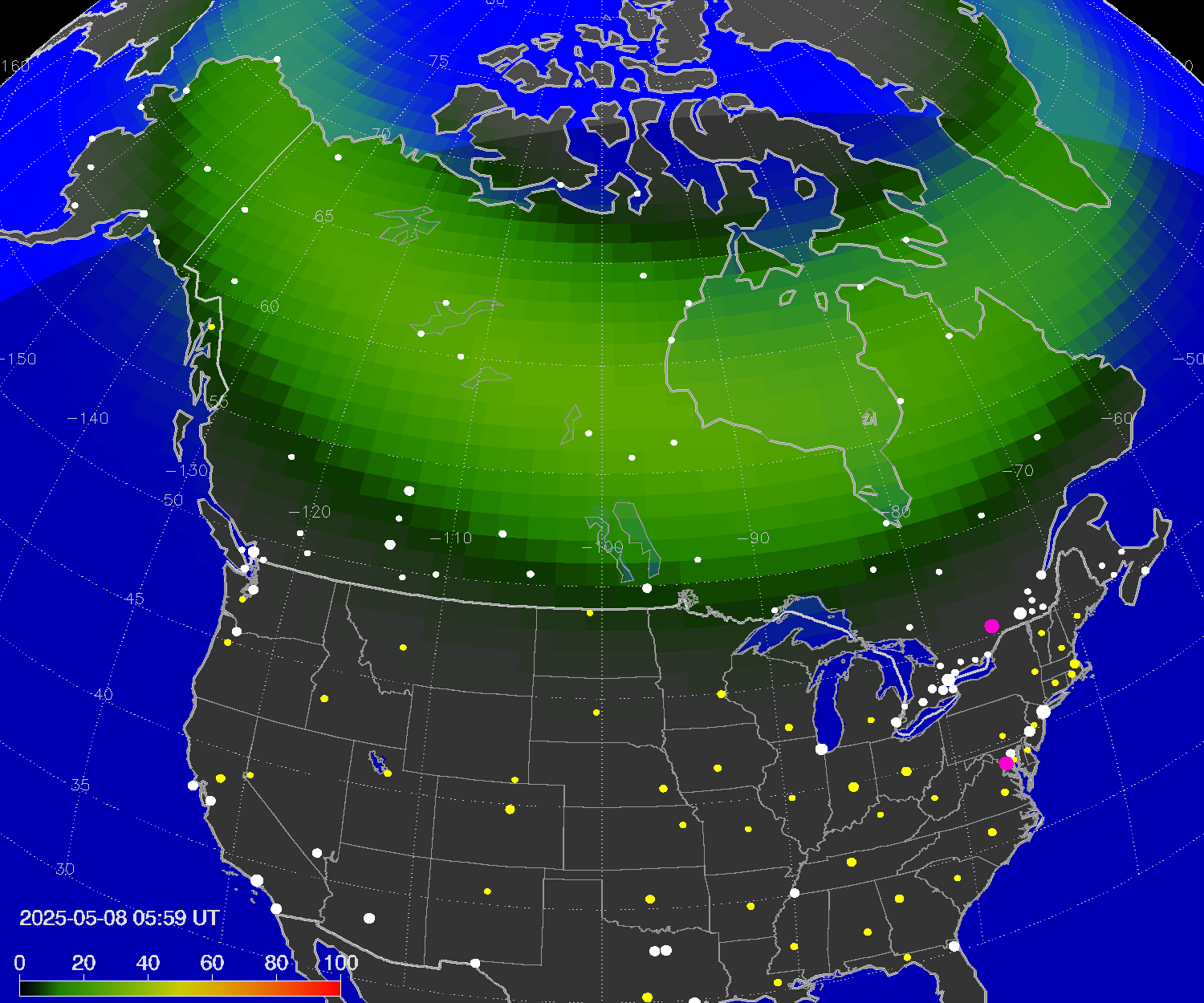 Northern lights (auroras) over North America