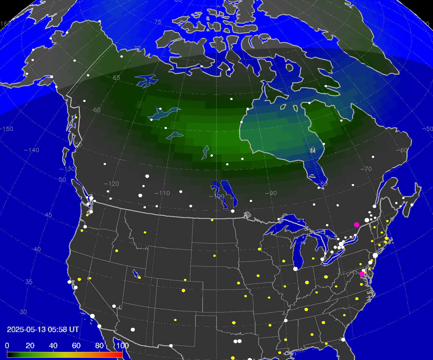 Northern lights (auroras) over North America