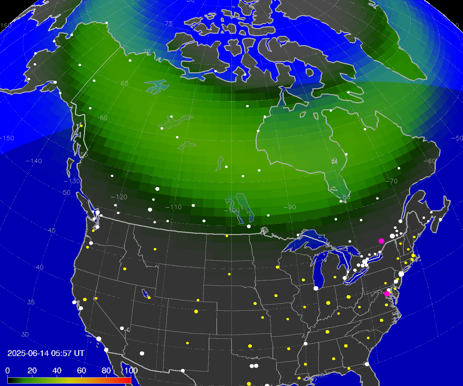 Northern lights (auroras) over North America