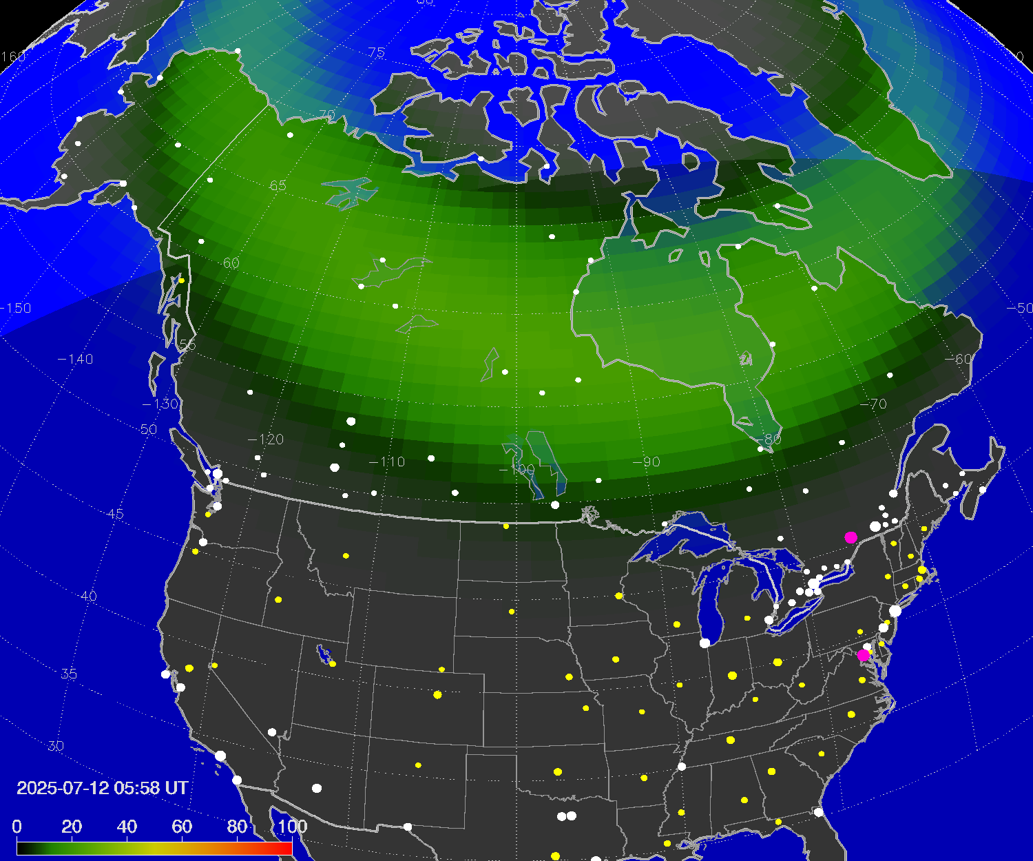 Northern lights (auroras) over North America