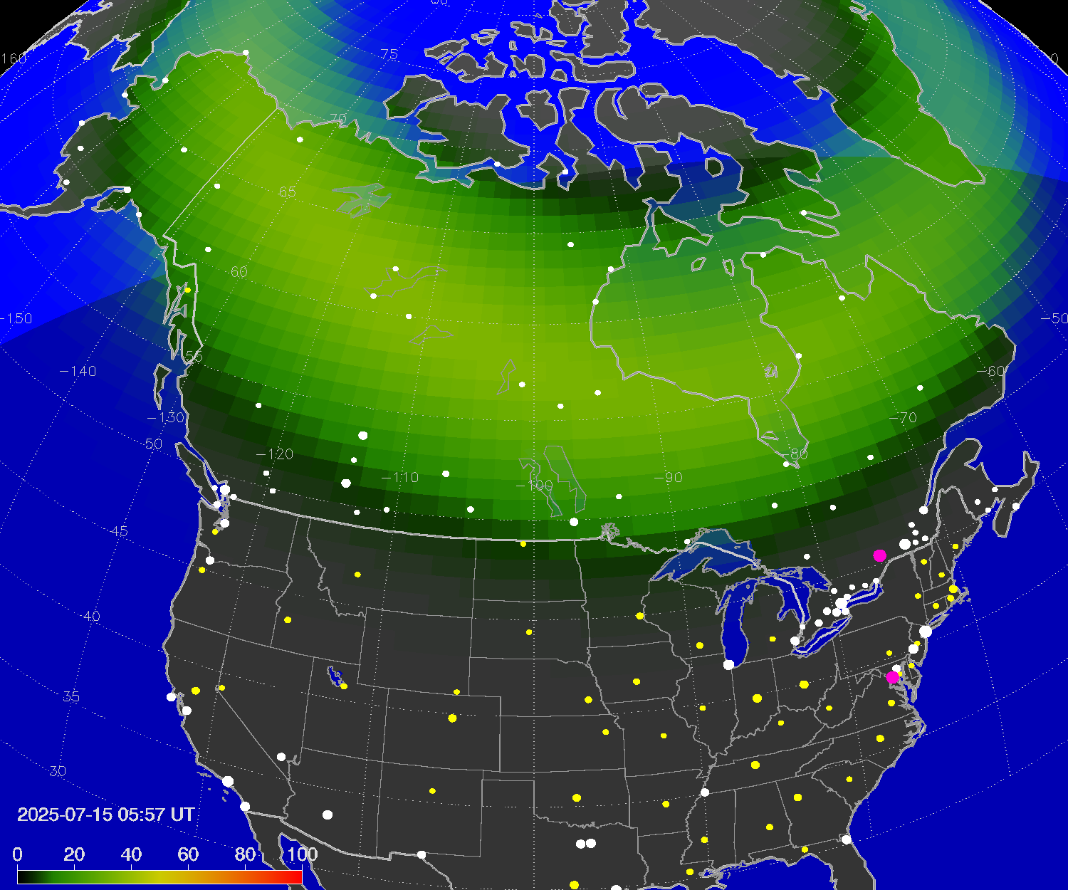 Northern lights (auroras) over North America