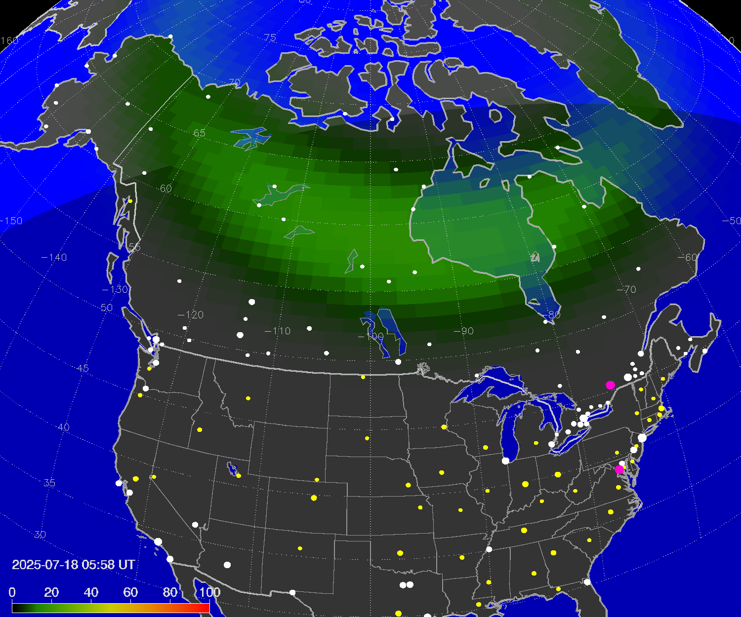 Northern lights (auroras) over North America