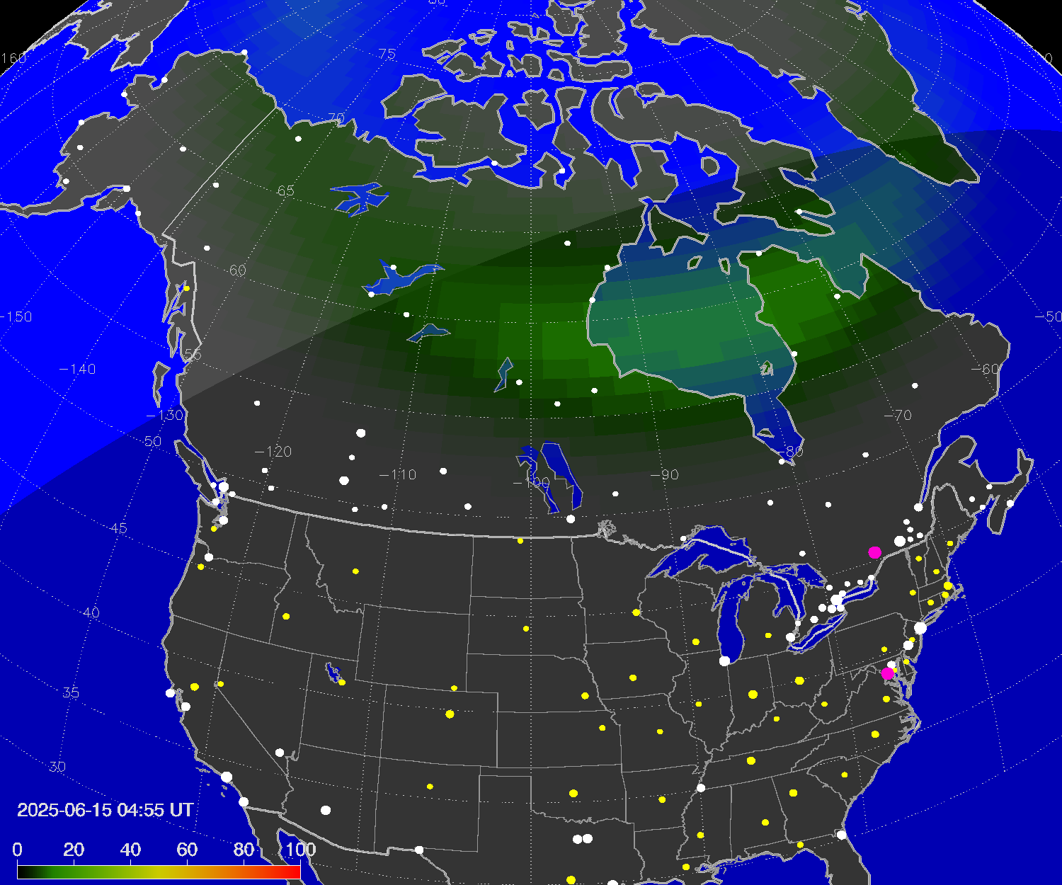 Northern lights (auroras) over North America