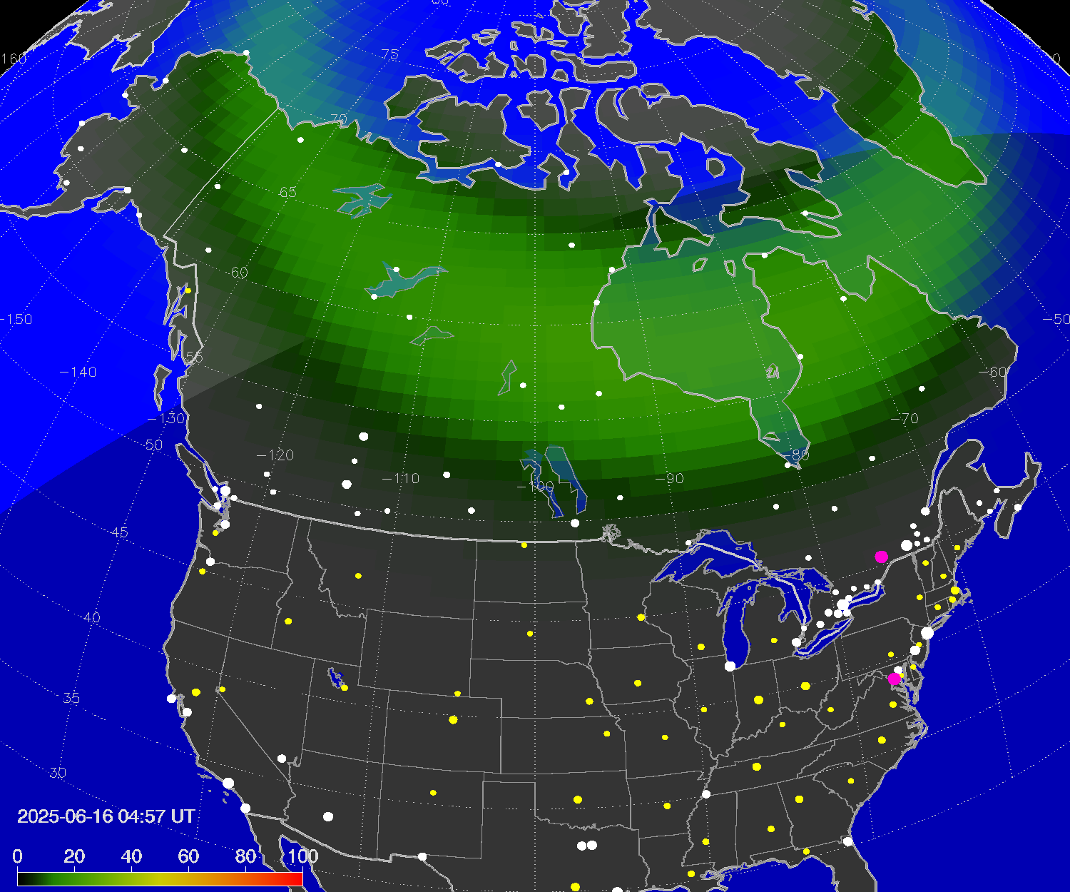 Northern lights (auroras) over North America