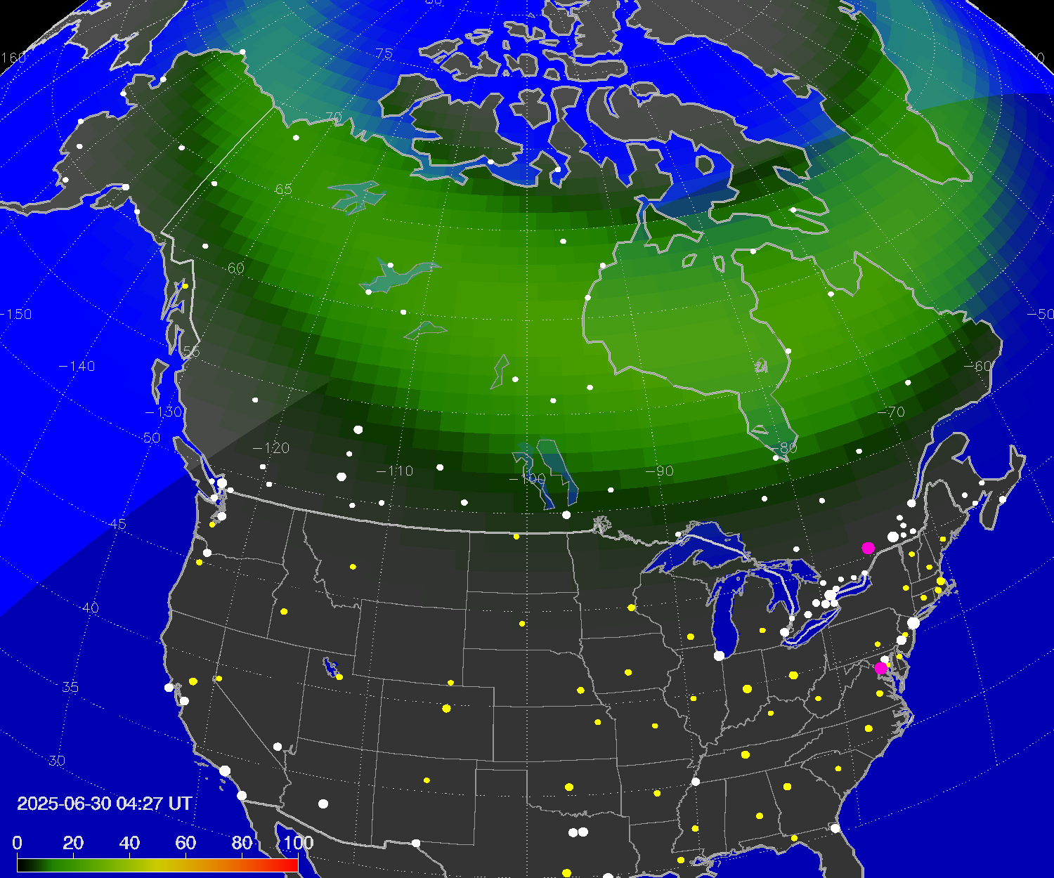 Northern lights (auroras) over North America