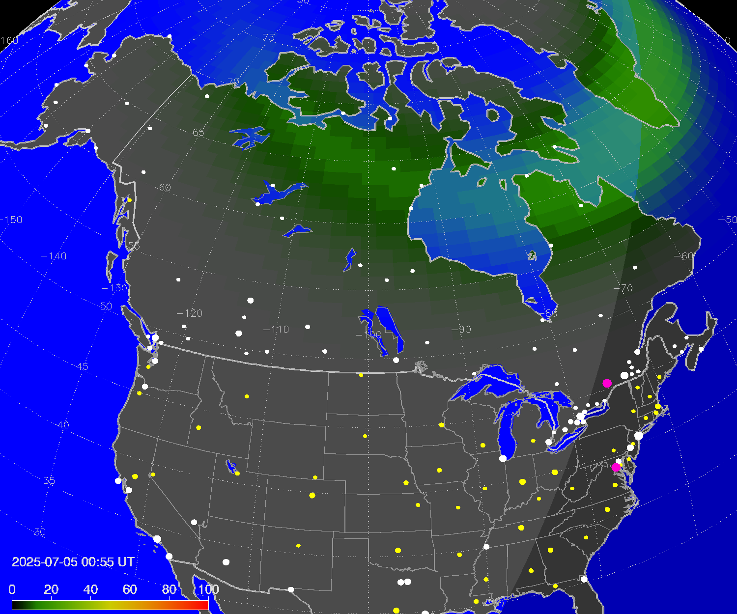 Northern lights (auroras) over North America