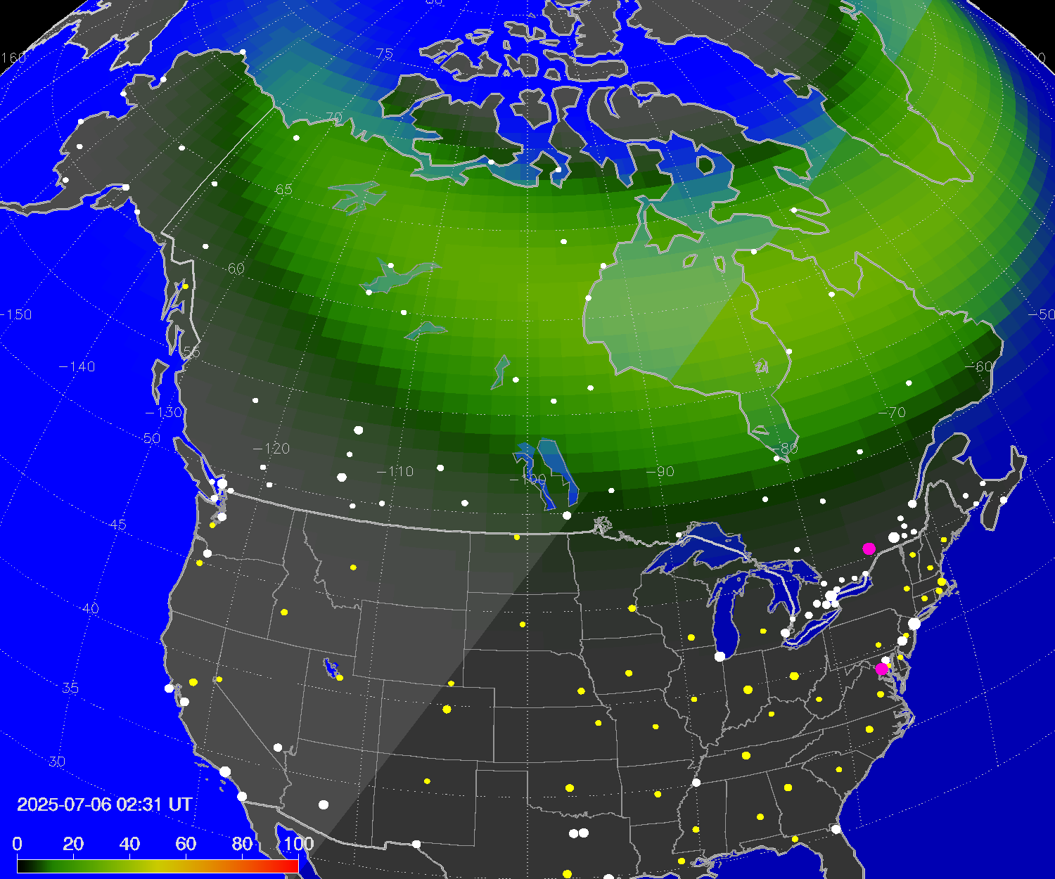 Northern lights (auroras) over North America