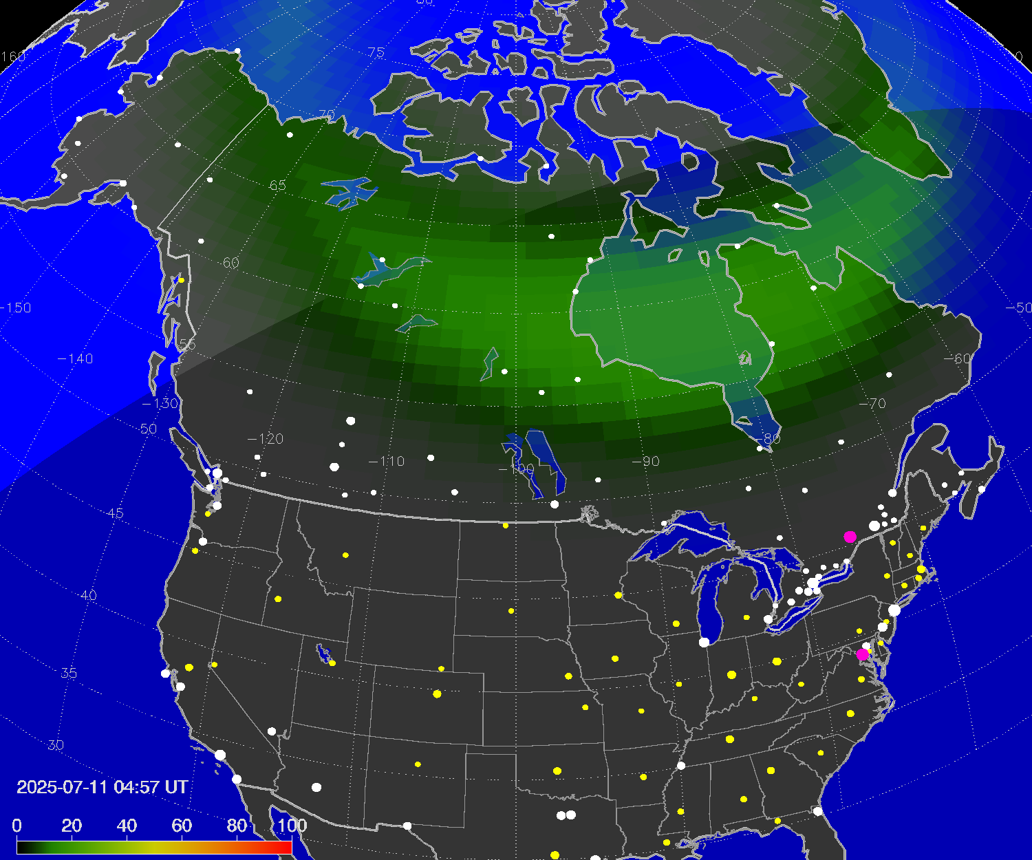 Northern lights (auroras) over North America