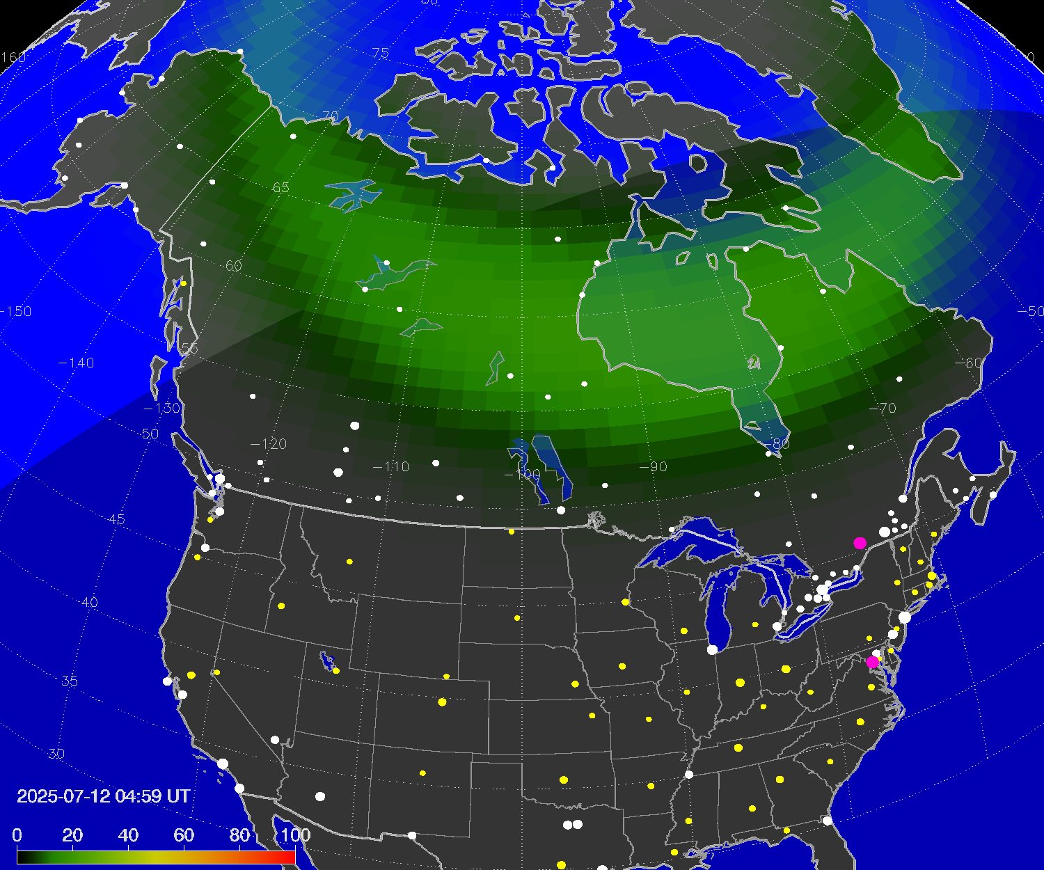 Northern lights (auroras) over North America