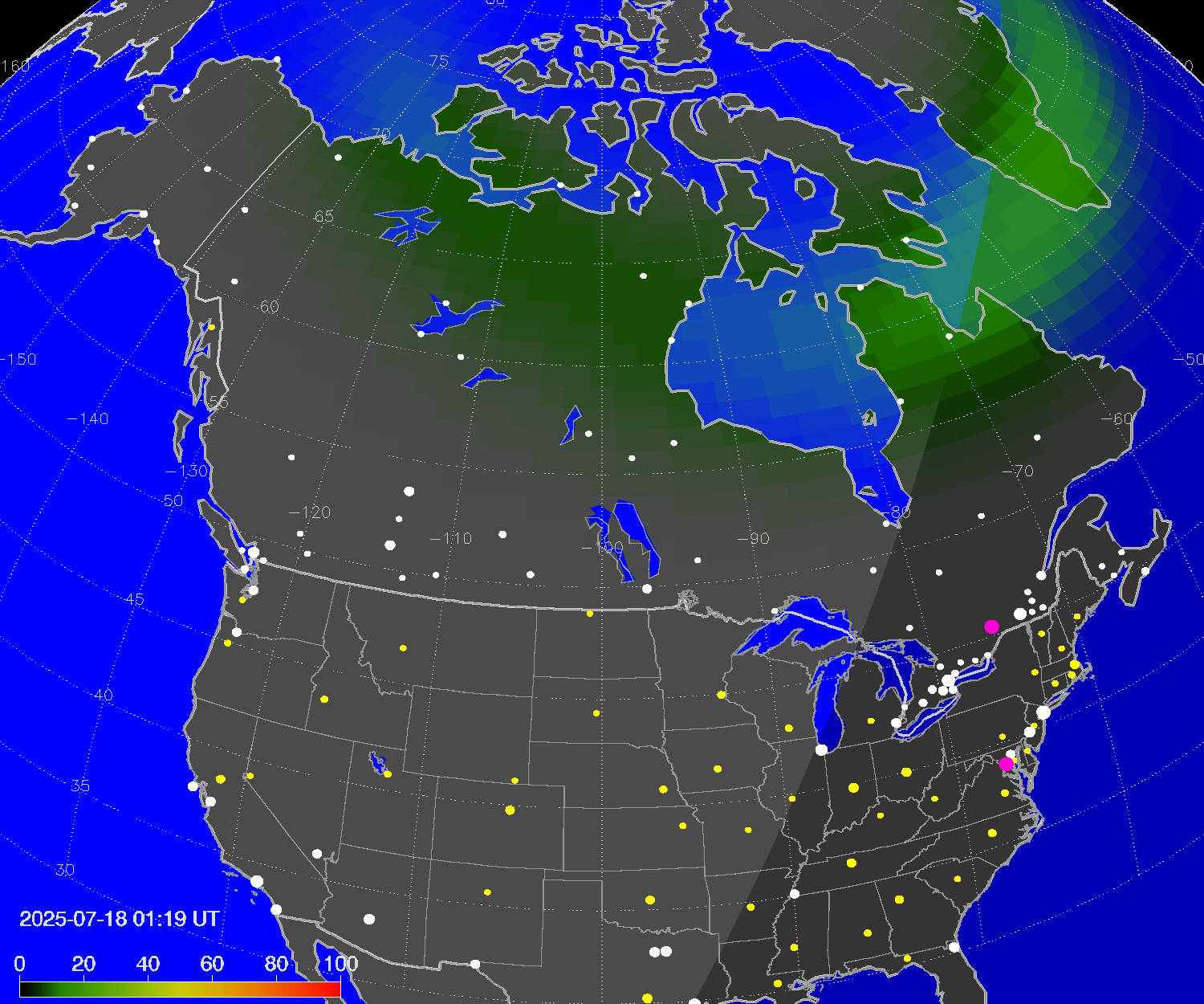 Northern lights (auroras) over North America