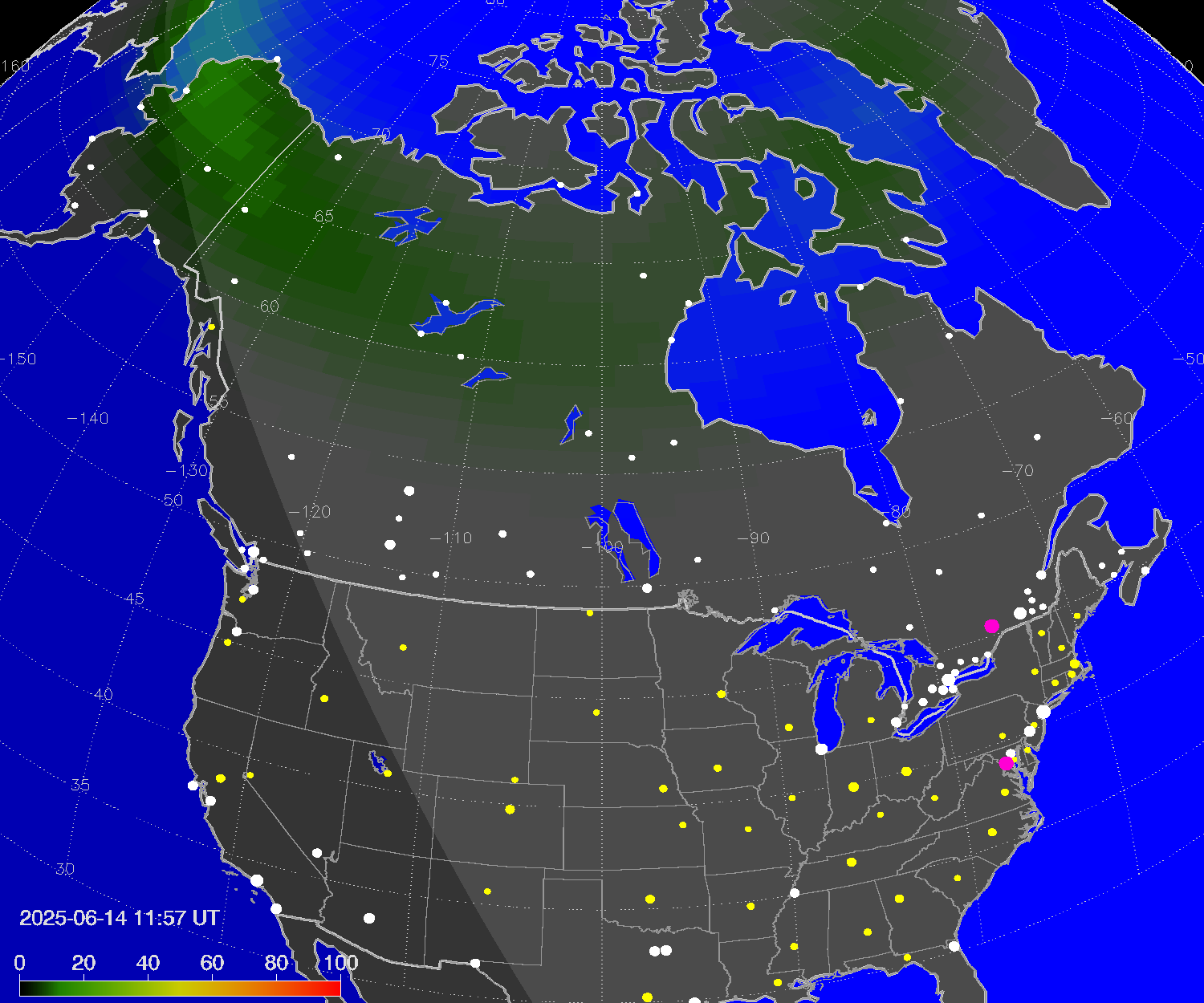 Northern lights (auroras) over North America