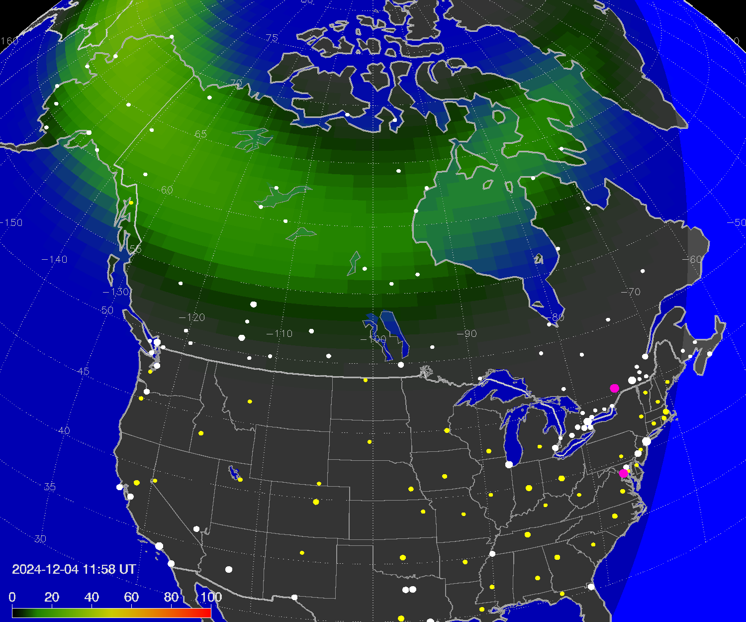 Northern lights (auroras) over North America