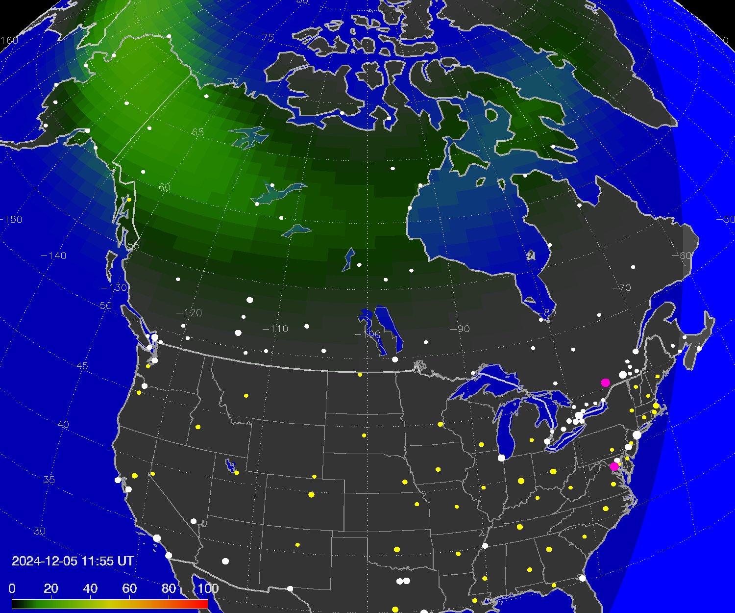 Northern lights (auroras) over North America