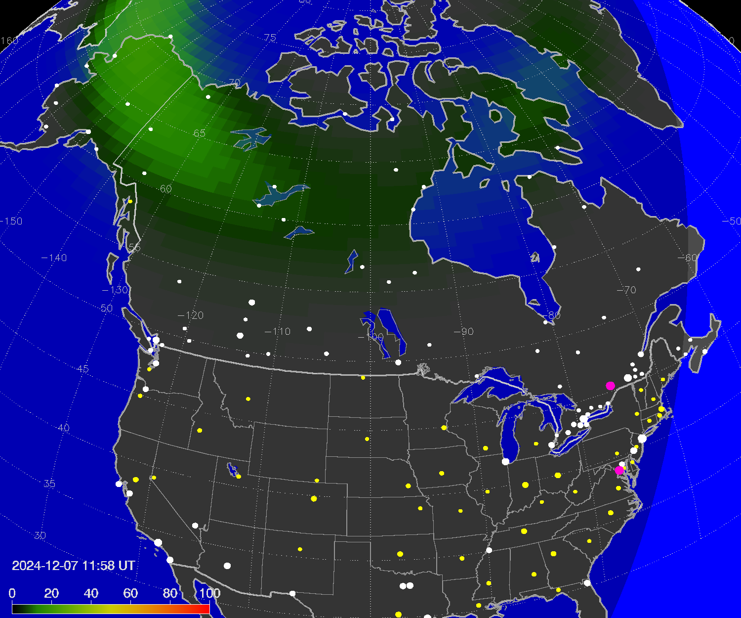 Northern lights (auroras) over North America