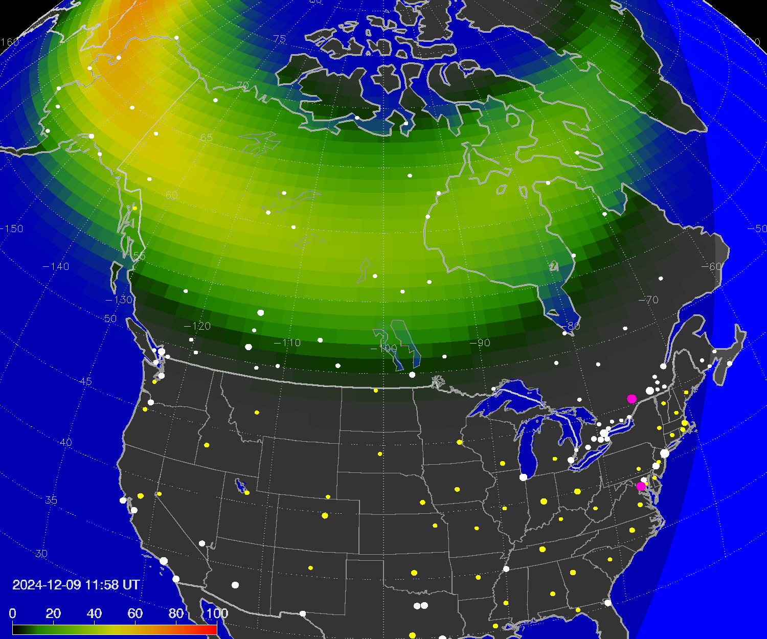 Northern lights (auroras) over North America