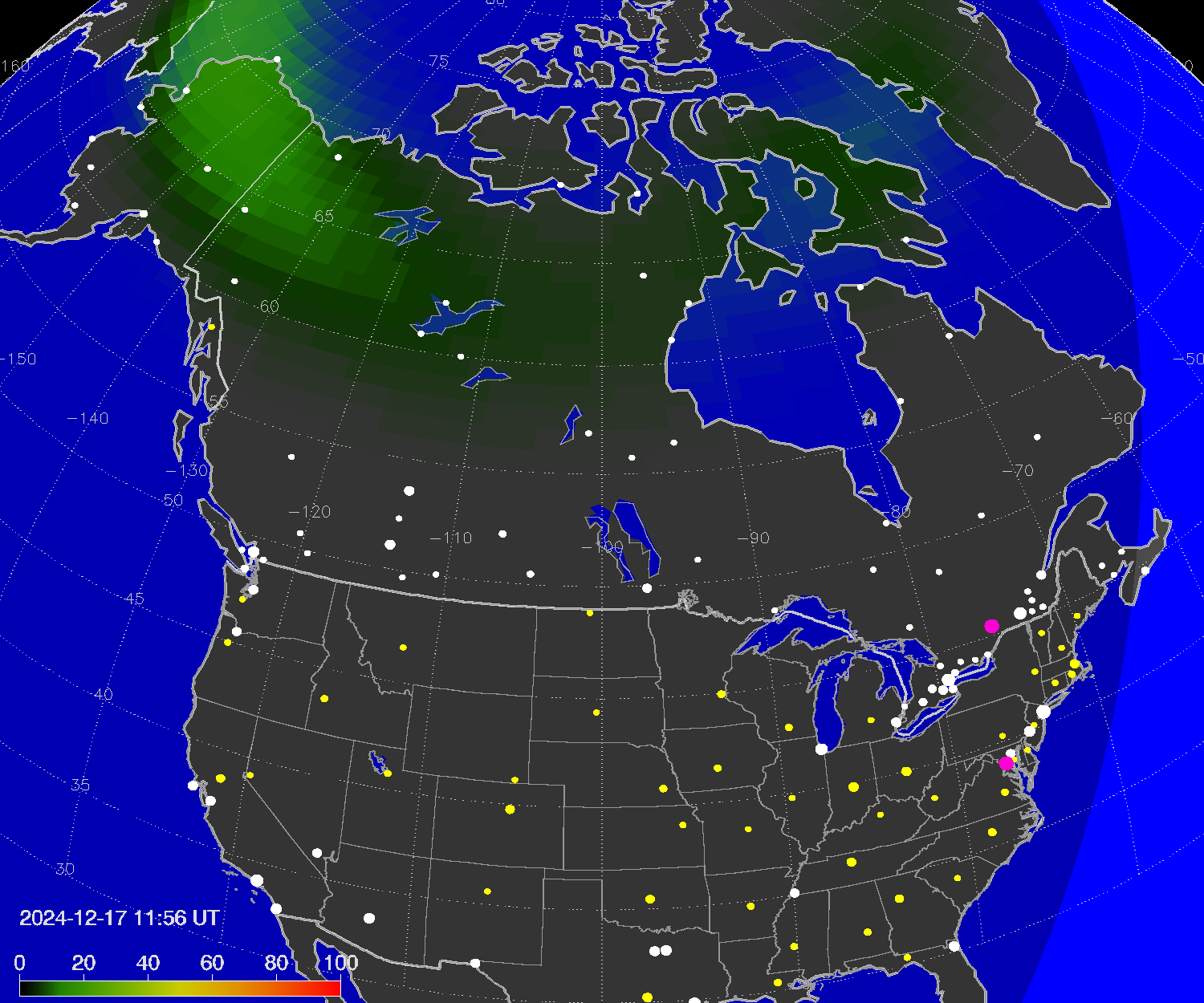 Northern lights (auroras) over North America