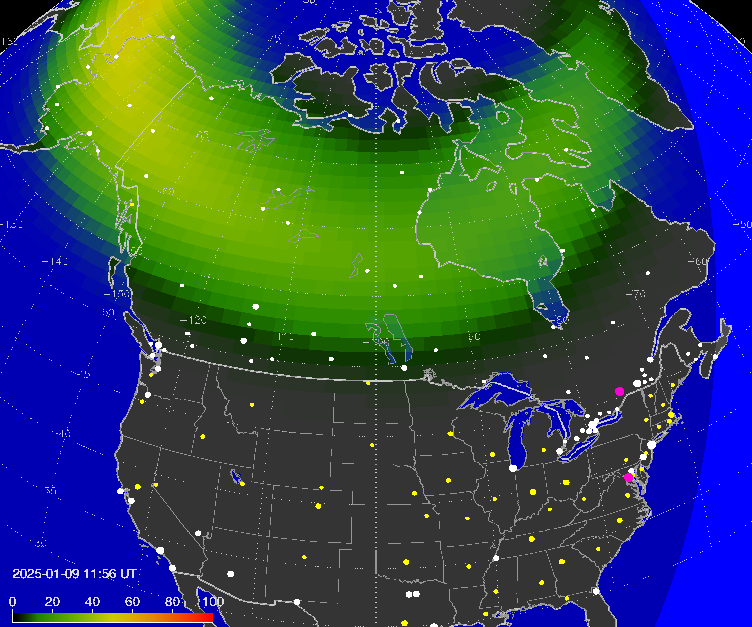 Northern lights (auroras) over North America
