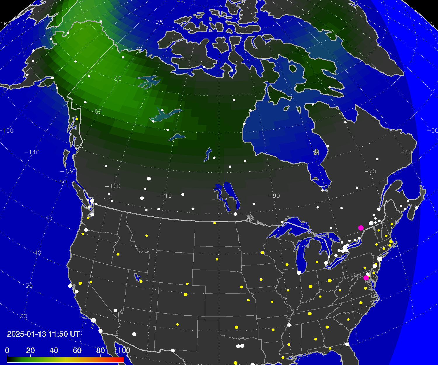 Northern lights (auroras) over North America