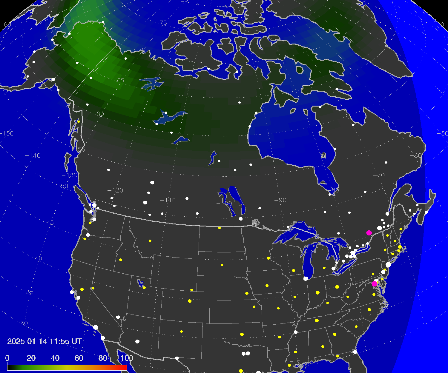 Northern lights (auroras) over North America