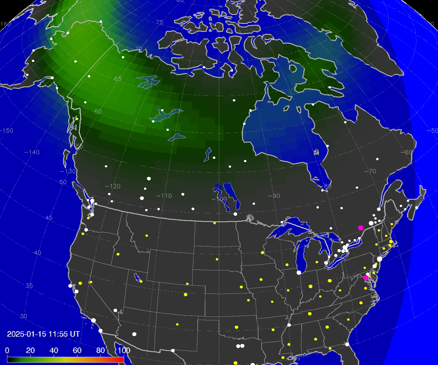 Northern lights (auroras) over North America