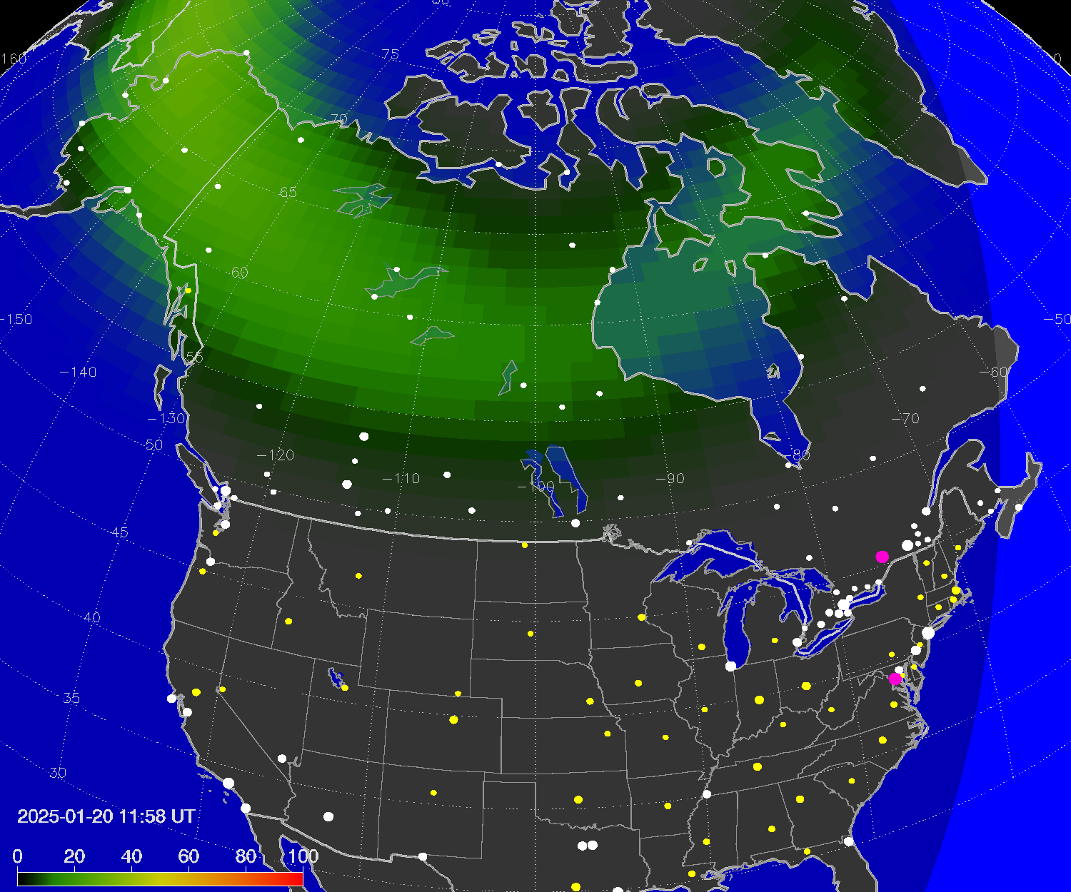 Northern lights (auroras) over North America