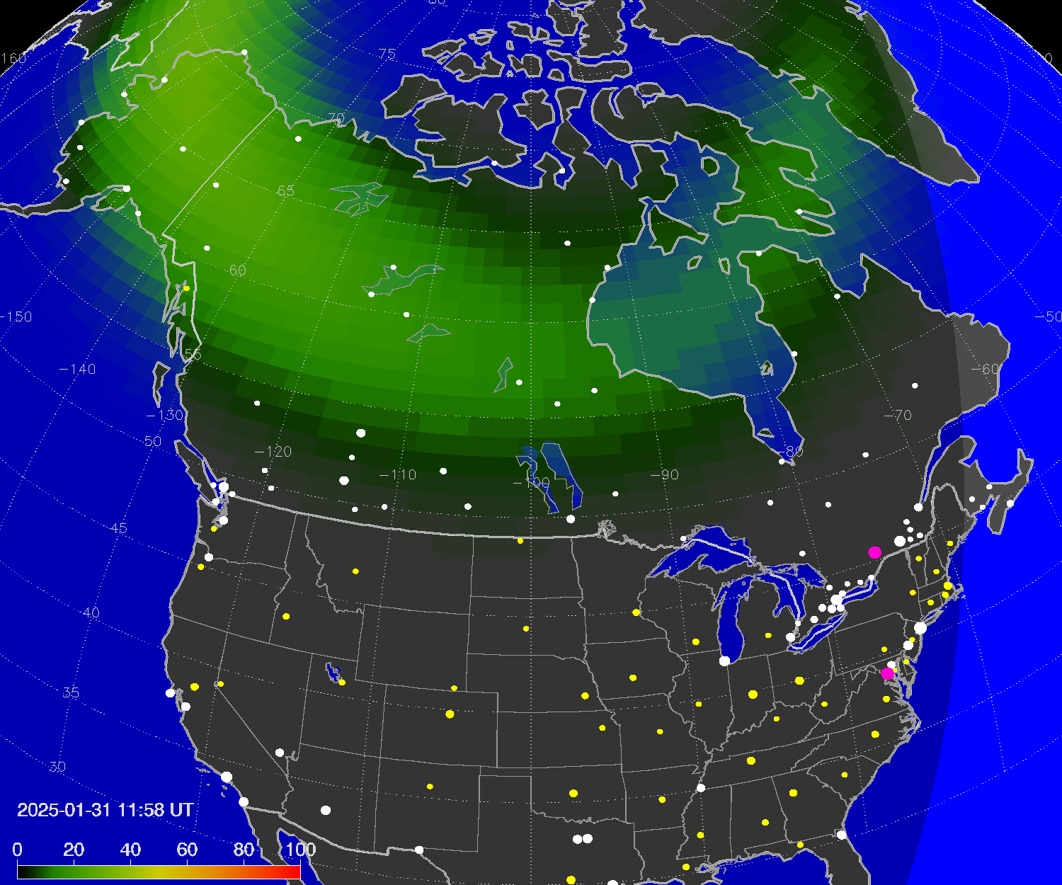 Northern lights (auroras) over North America