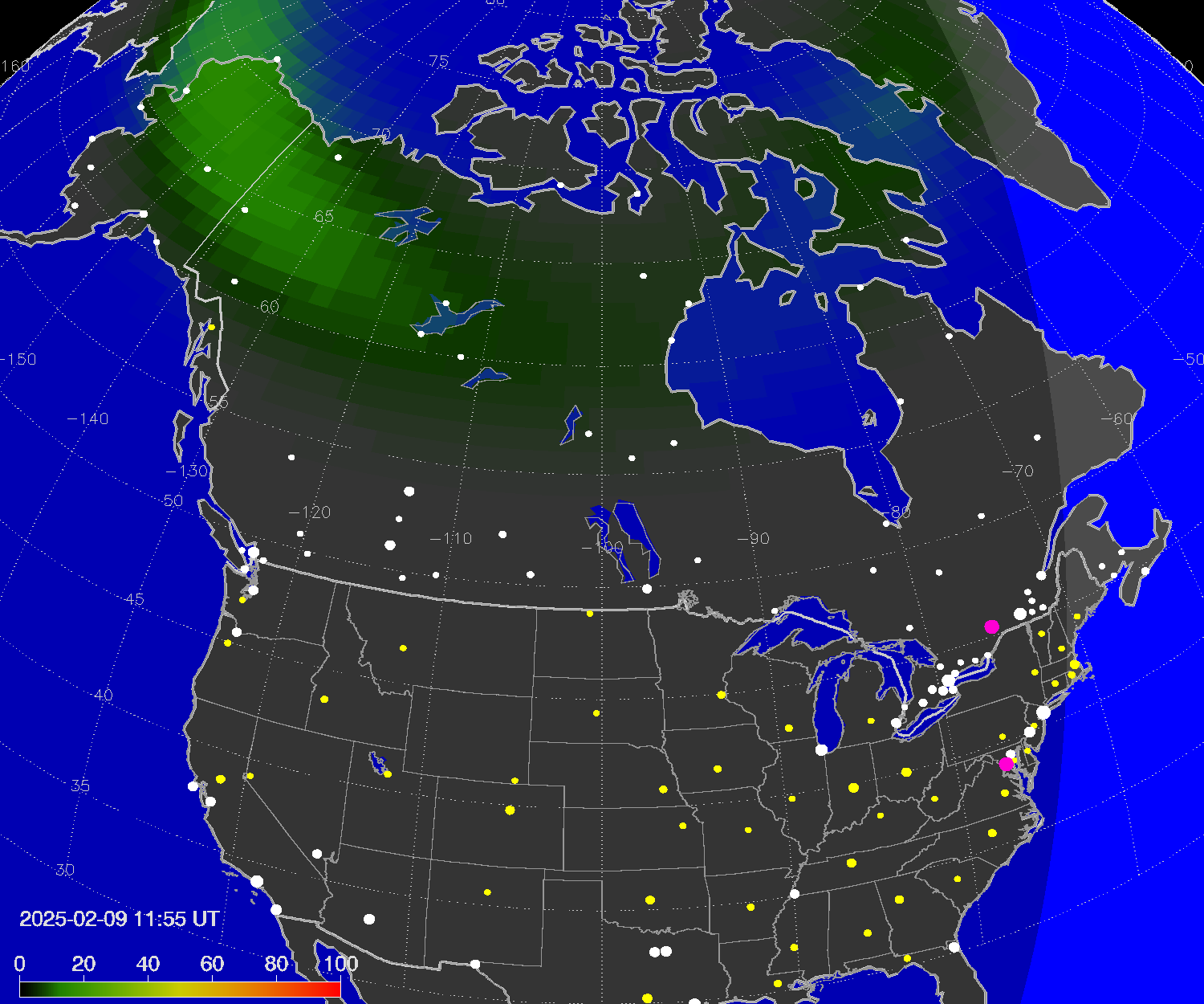 Northern lights (auroras) over North America
