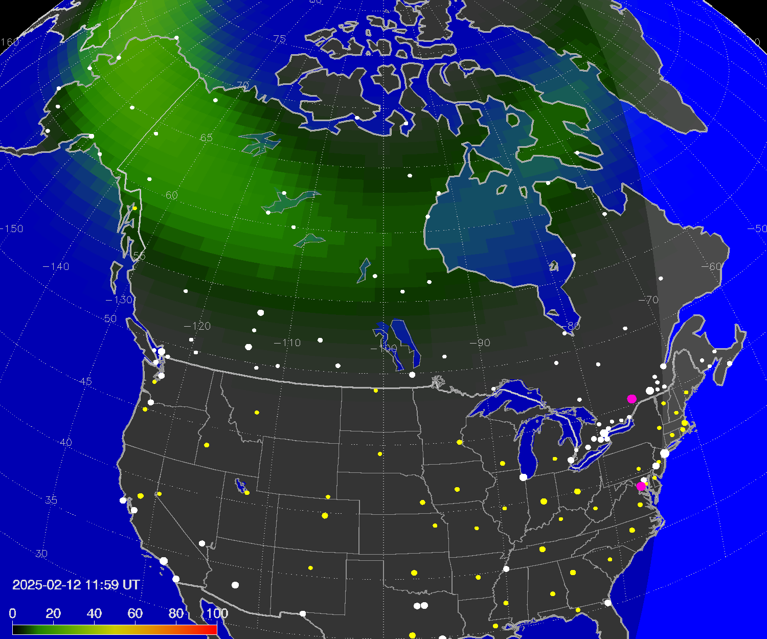Northern lights (auroras) over North America
