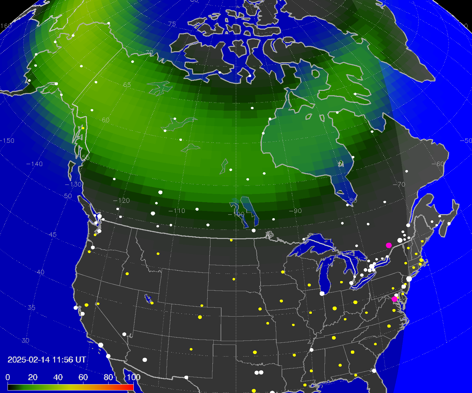 Northern lights (auroras) over North America