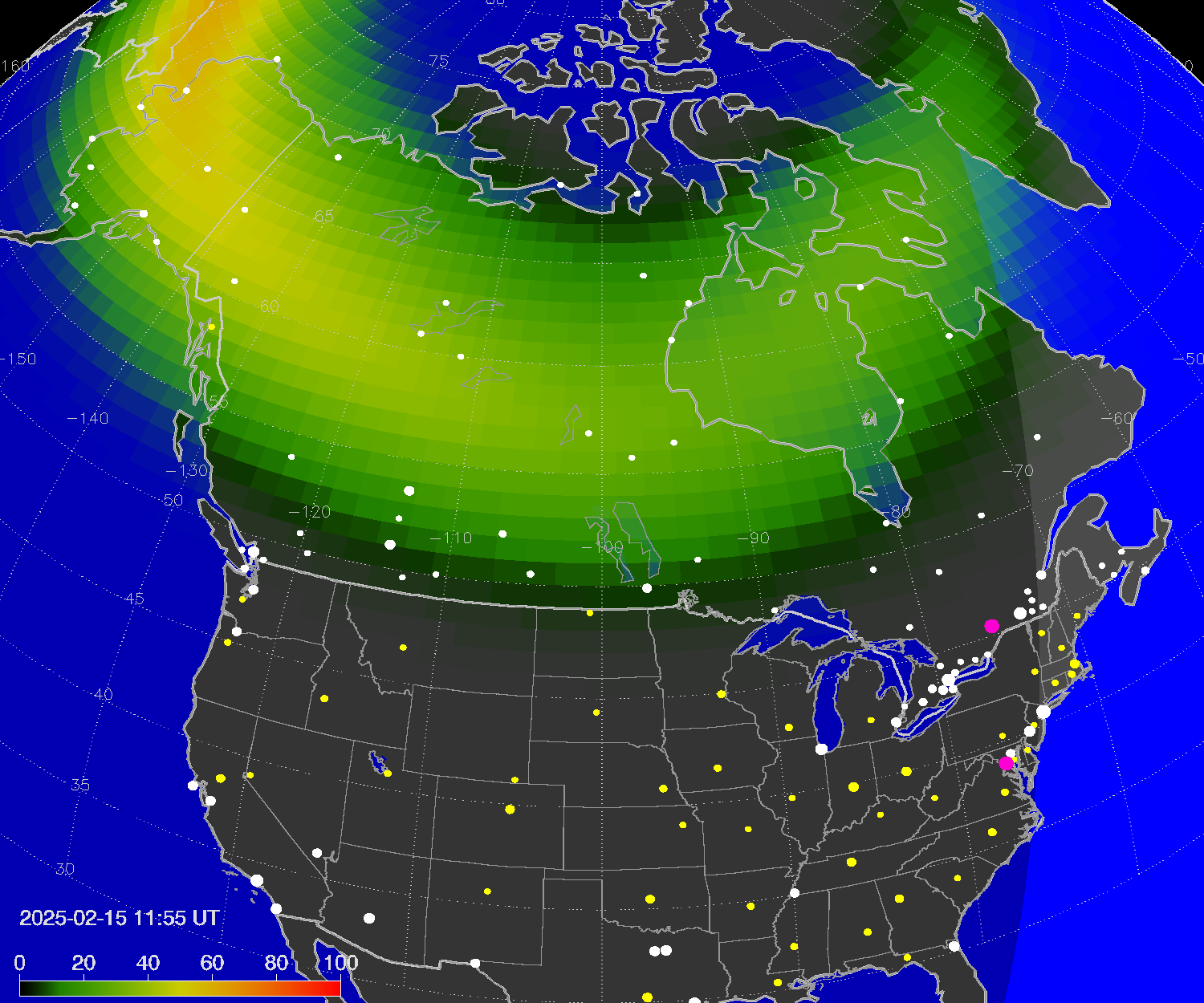 Northern lights (auroras) over North America
