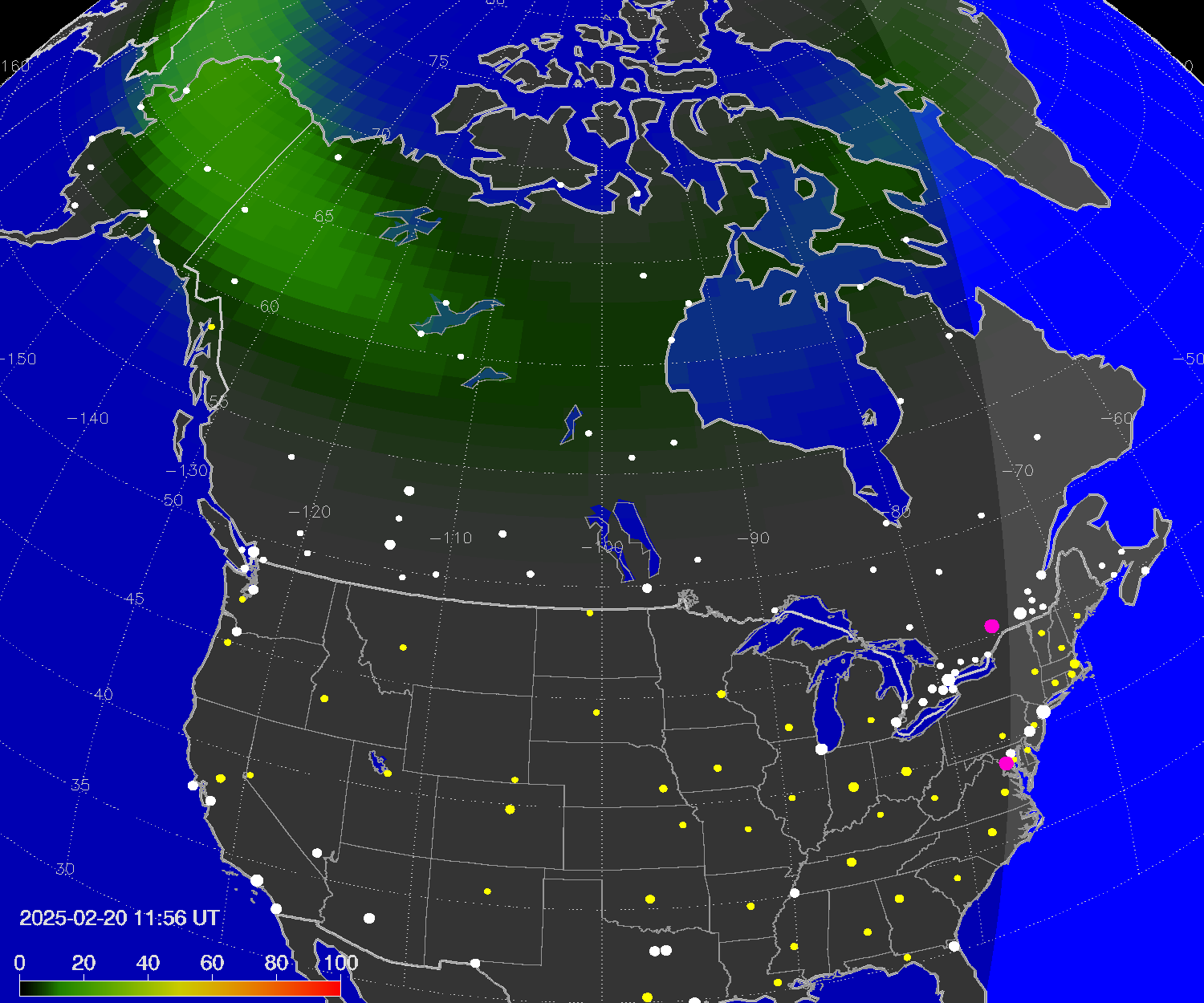 Northern lights (auroras) over North America