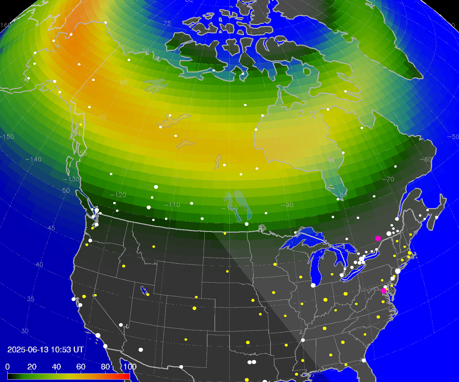 Northern lights (auroras) over North America