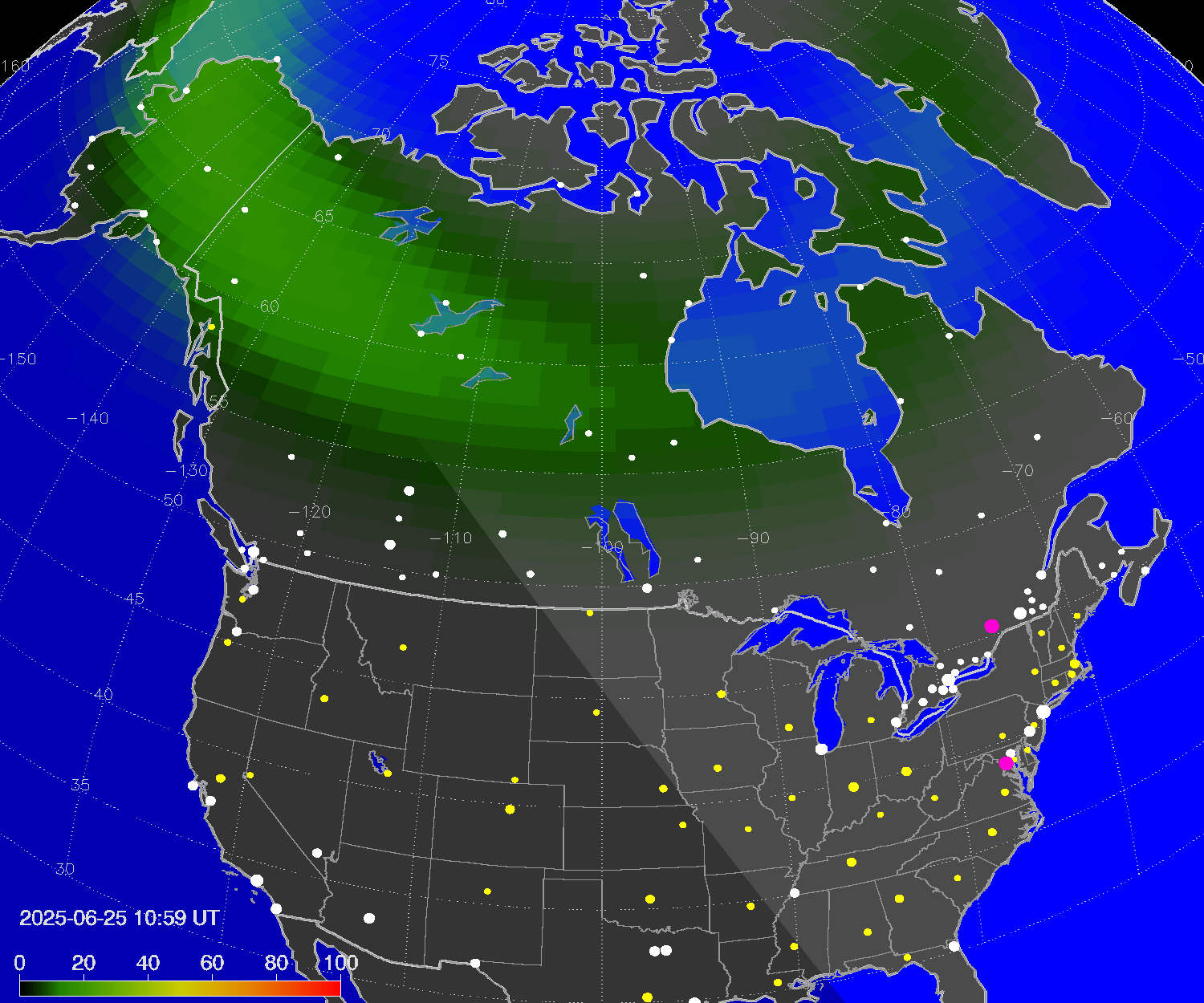 Northern lights (auroras) over North America